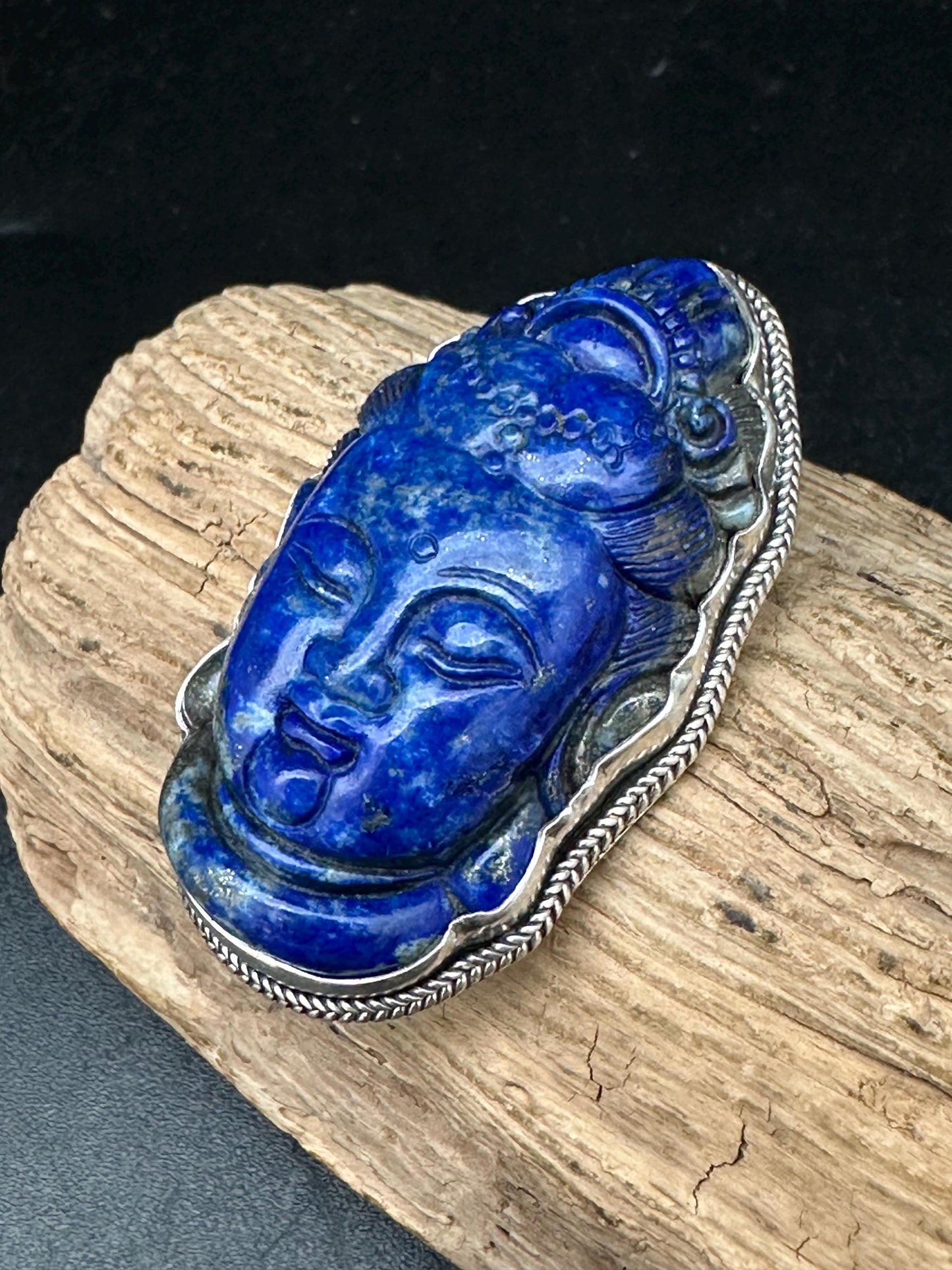 Handcarved Lapis Lazuli Kwan Yin Pendant: Sterling Silver Guanyin