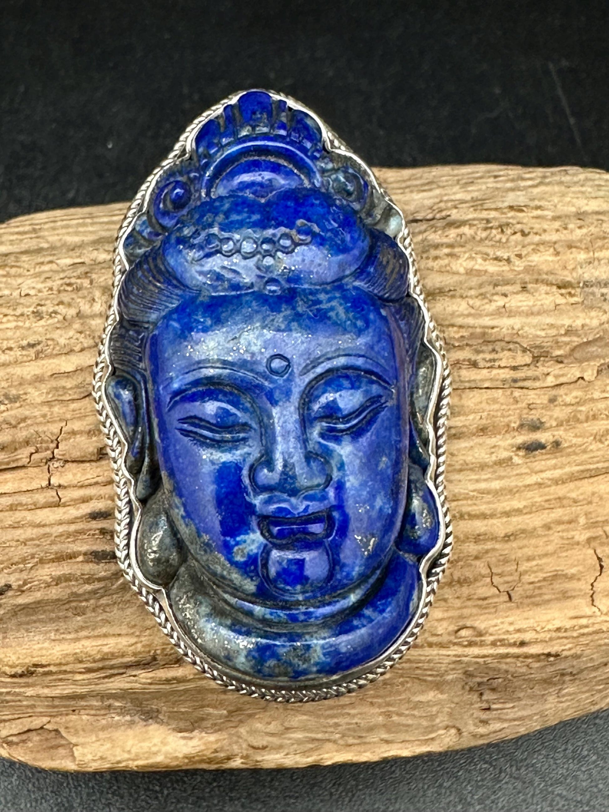 Handcarved Lapis Lazuli Kwan Yin Pendant: Sterling Silver Guanyin