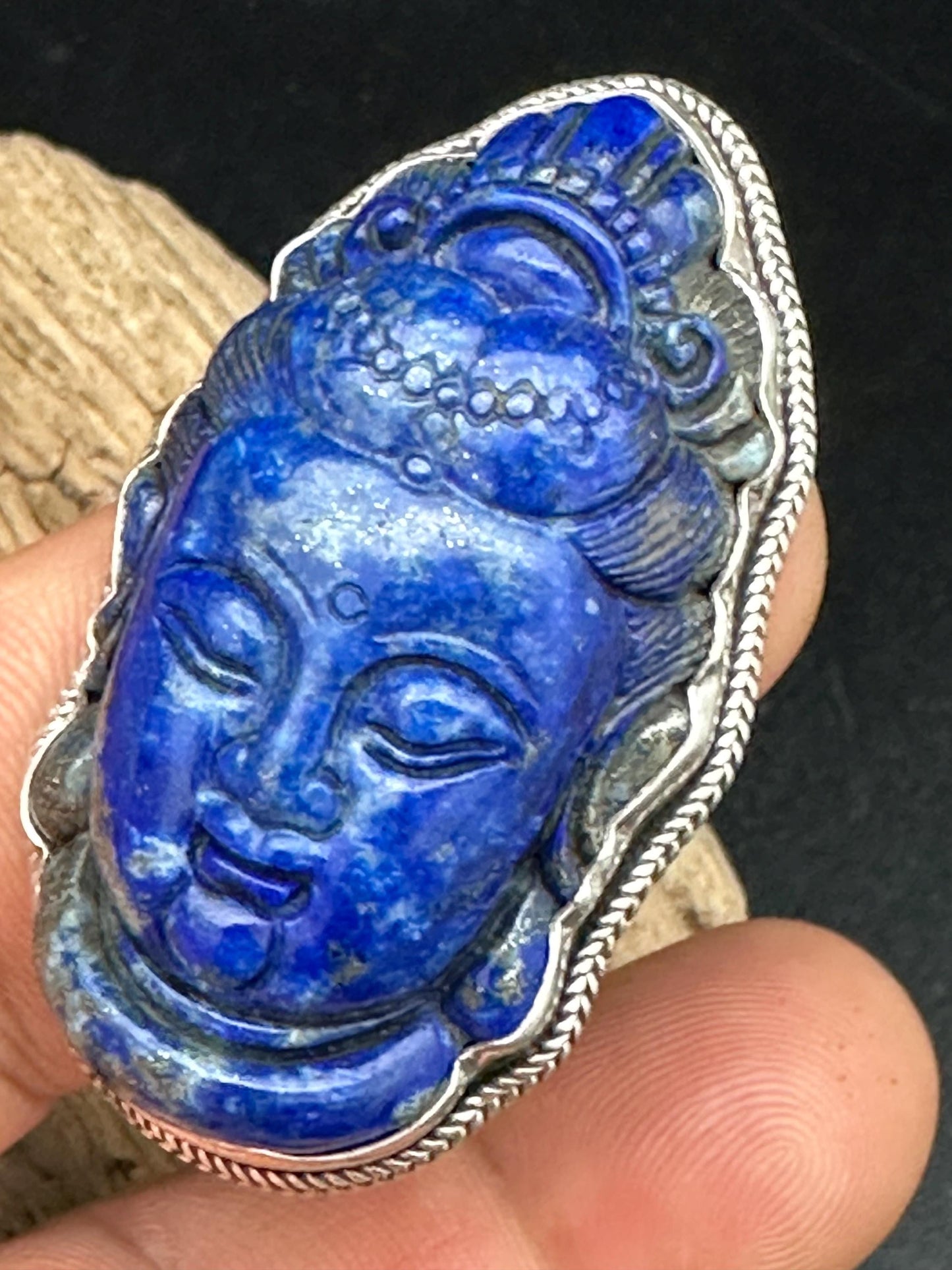 Handcarved Lapis Lazuli Kwan Yin Pendant: Sterling Silver Guanyin