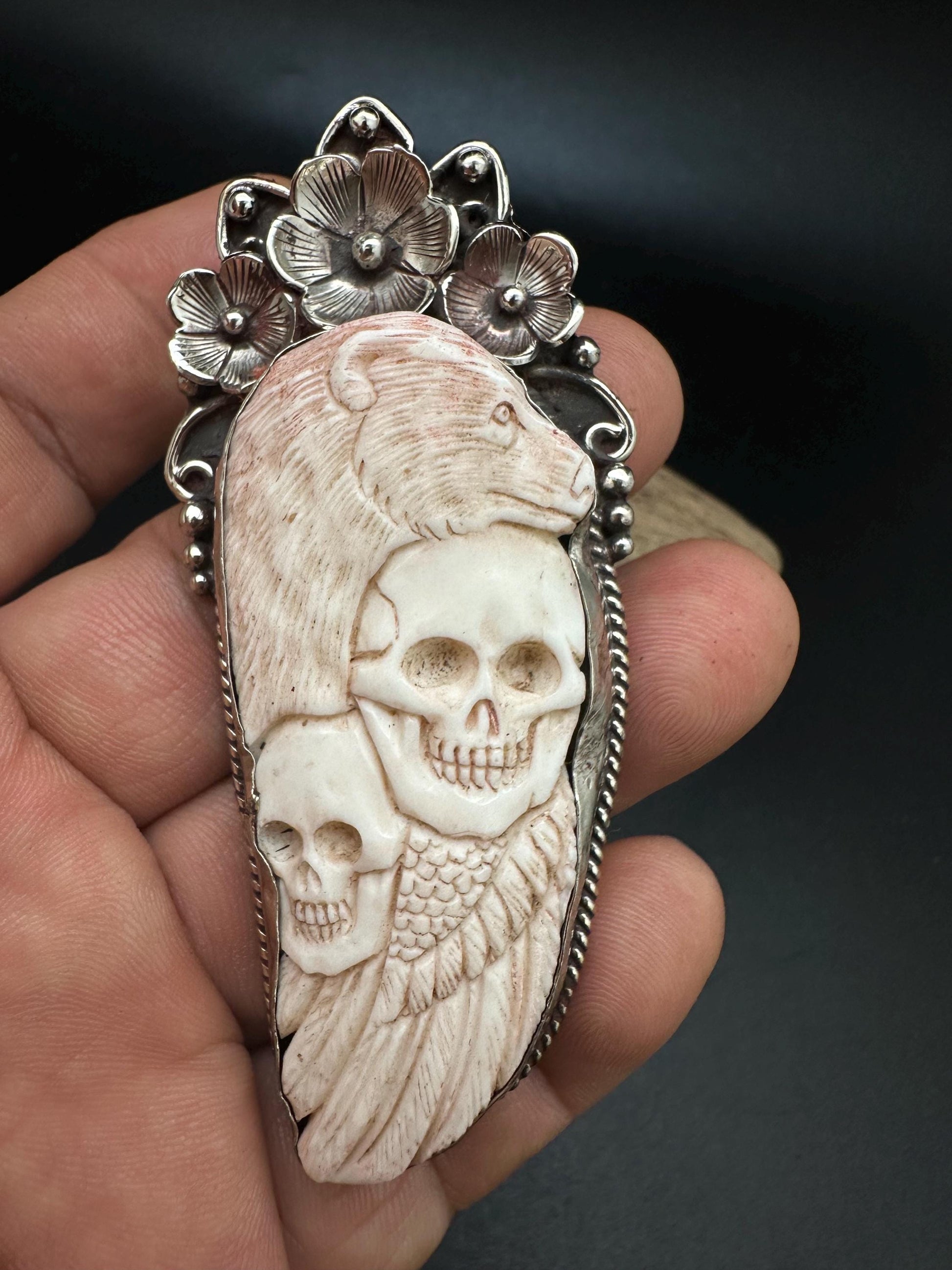 Bone carved skull with bear pendant, handcrafted,tibetan silver Himalayan, Nepalese, ethnic,Tibetan design