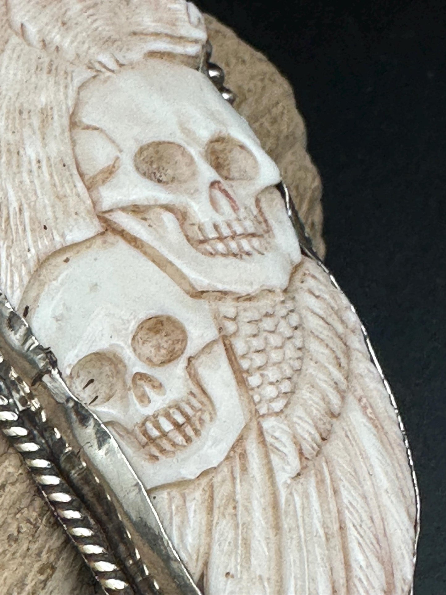 Bone carved skull with bear pendant, handcrafted,tibetan silver Himalayan, Nepalese, ethnic,Tibetan design
