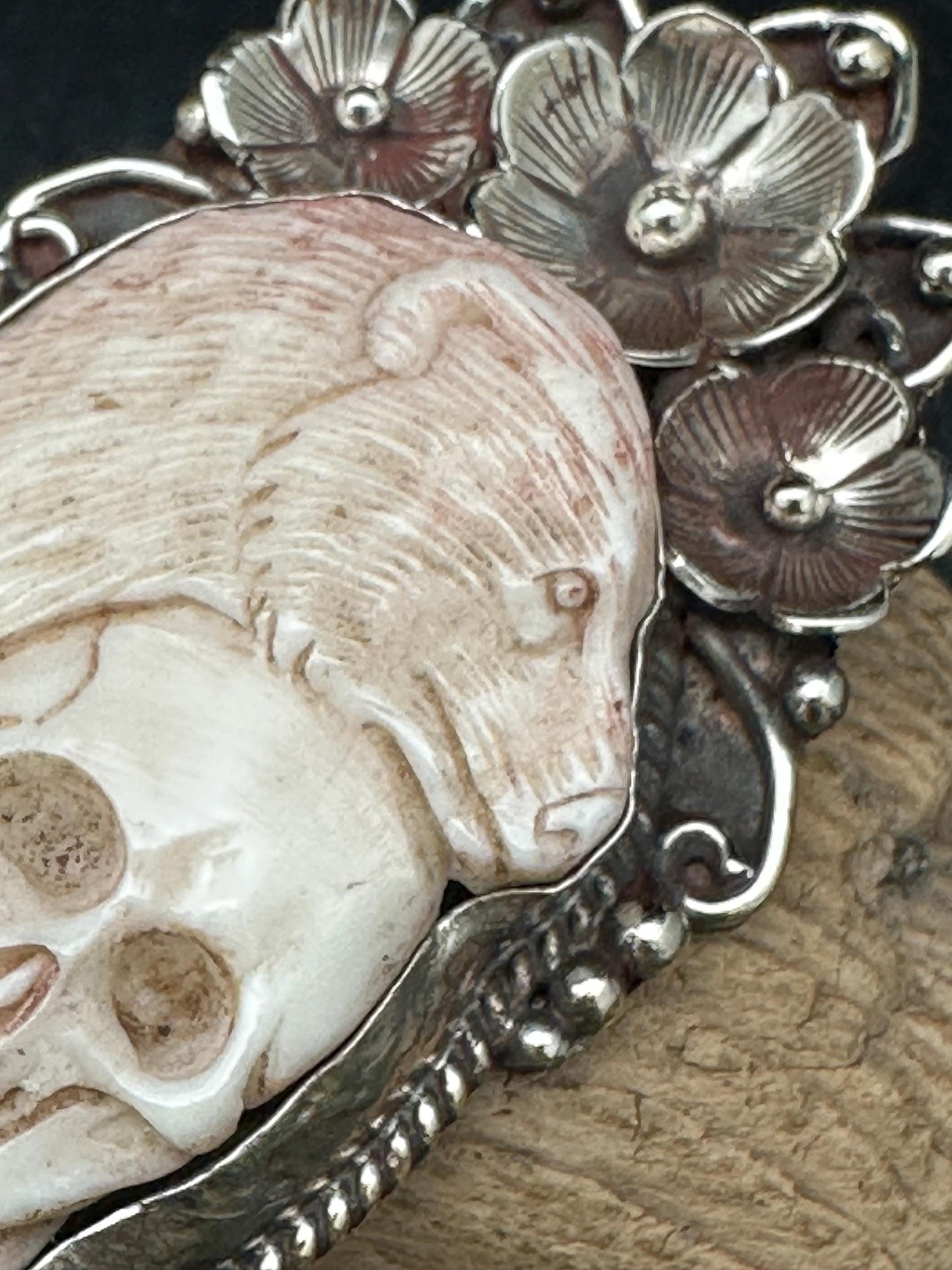 Bone carved skull with bear pendant, handcrafted,tibetan silver Himalayan, Nepalese, ethnic,Tibetan design