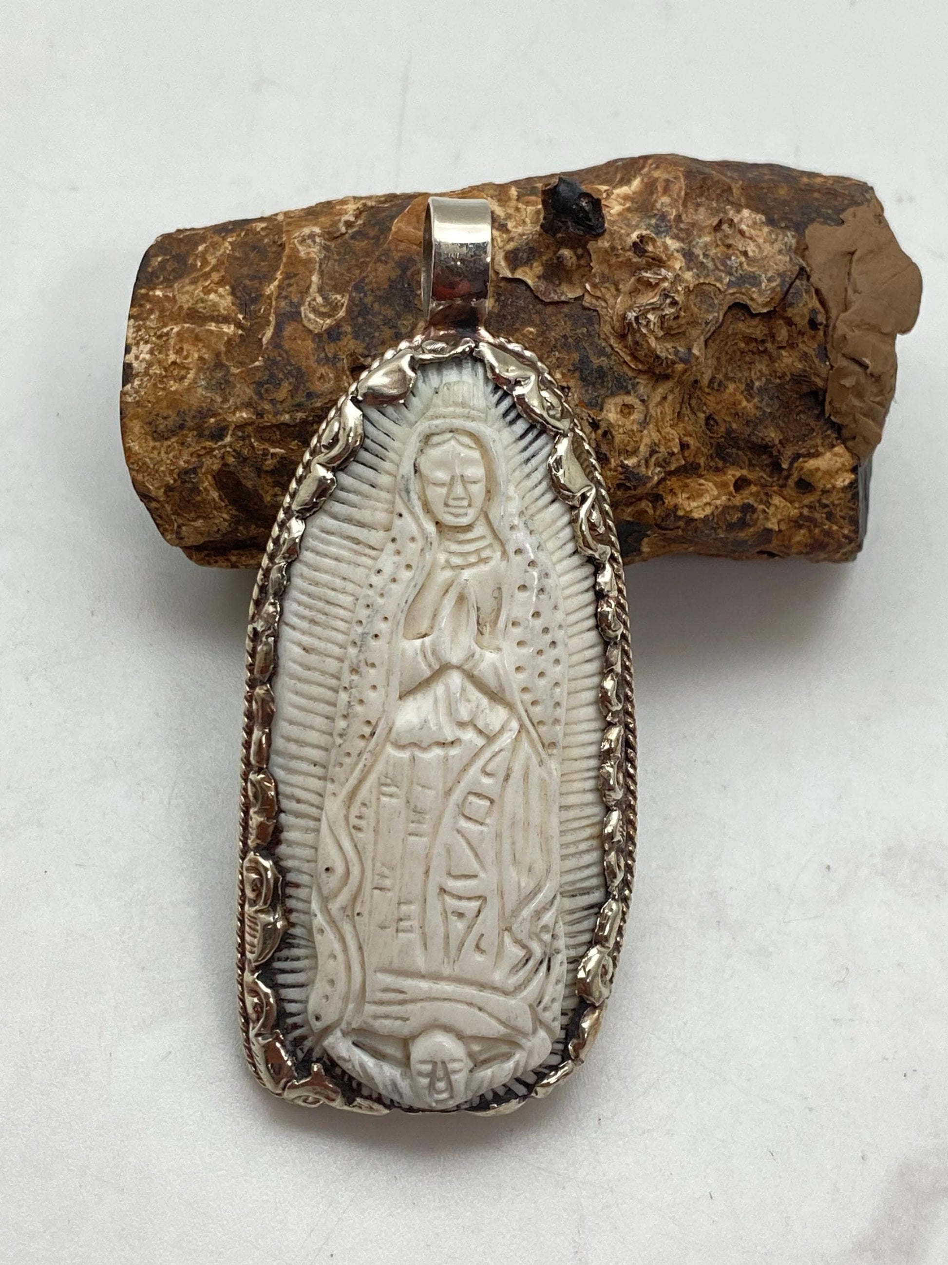 Mother Mary pendant, bone carved, handcrafted,Tibetan silver,Nepalese