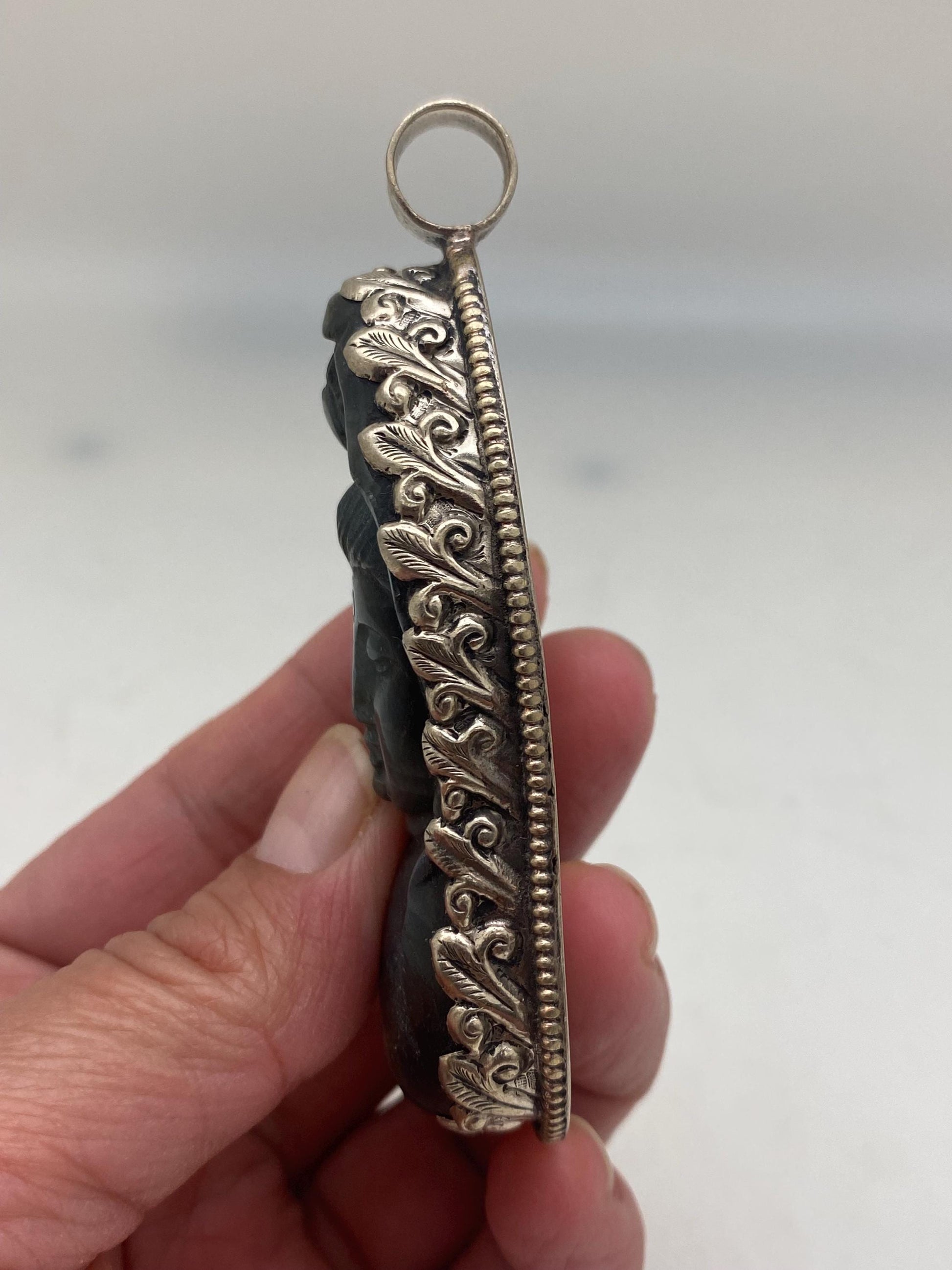 Large Labradorite carved Shiva pendant,handcrafted,Tibetan silver,Nepalese