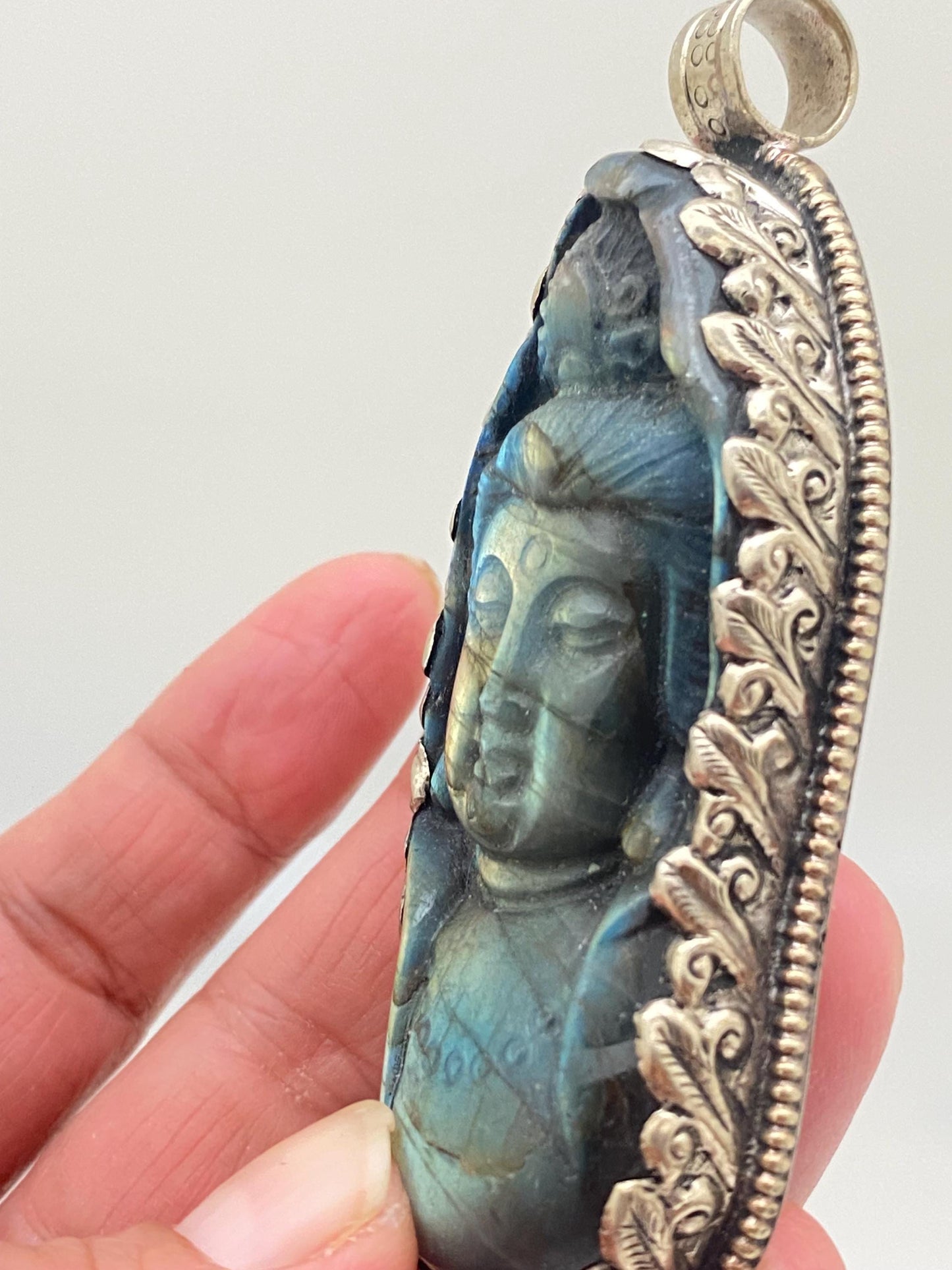 Large Labradorite carved Shiva pendant,handcrafted,Tibetan silver,Nepalese