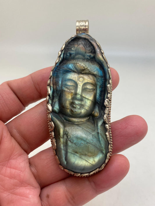 Large Labradorite carved Shiva pendant,handcrafted,Tibetan silver,Nepalese