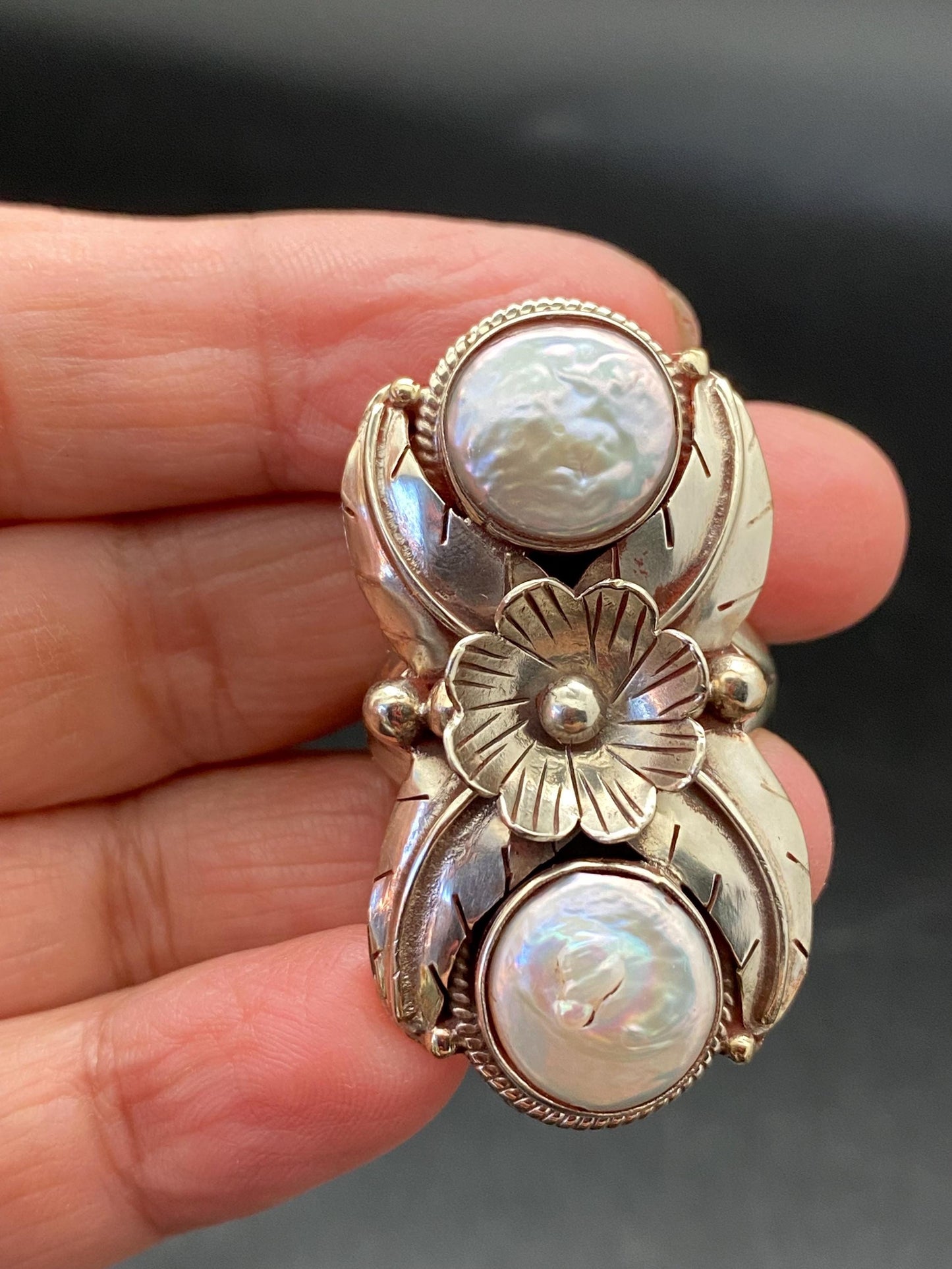 Pearl ring,mother of pearl, handcrafted,Tibetan silver,Nepalese, Himalayan, floral design,