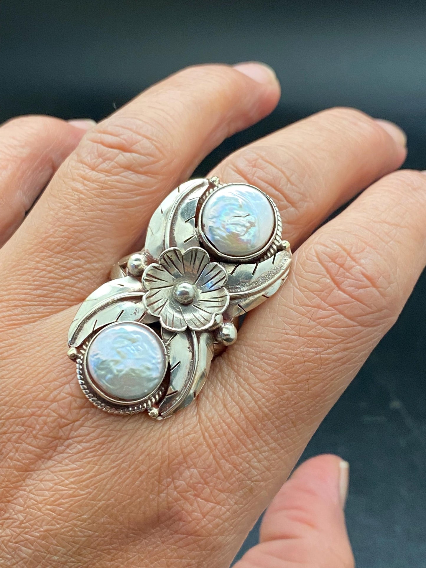 Pearl ring,mother of pearl, handcrafted,Tibetan silver,Nepalese, Himalayan, floral design,
