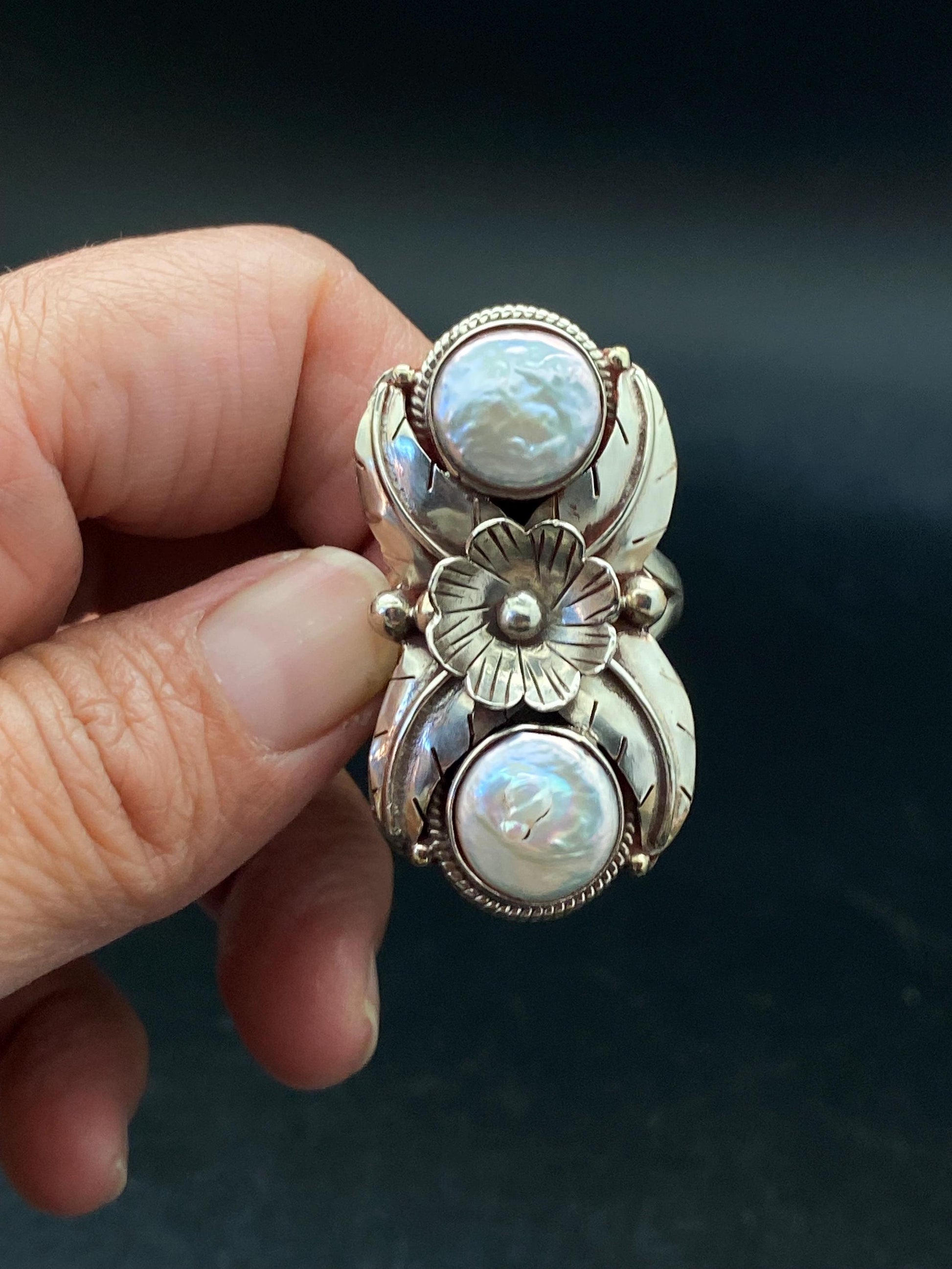 Pearl ring,mother of pearl, handcrafted,Tibetan silver,Nepalese, Himalayan, floral design,