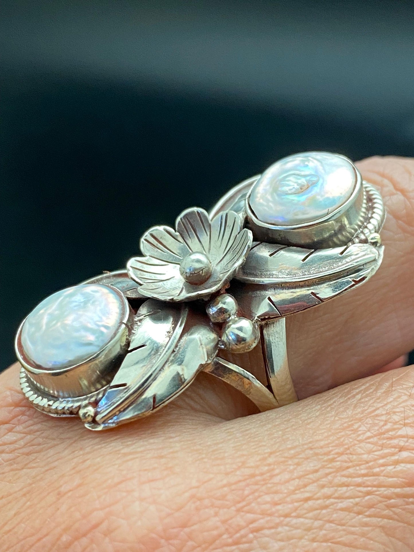 Pearl ring,mother of pearl, handcrafted,Tibetan silver,Nepalese, Himalayan, floral design,