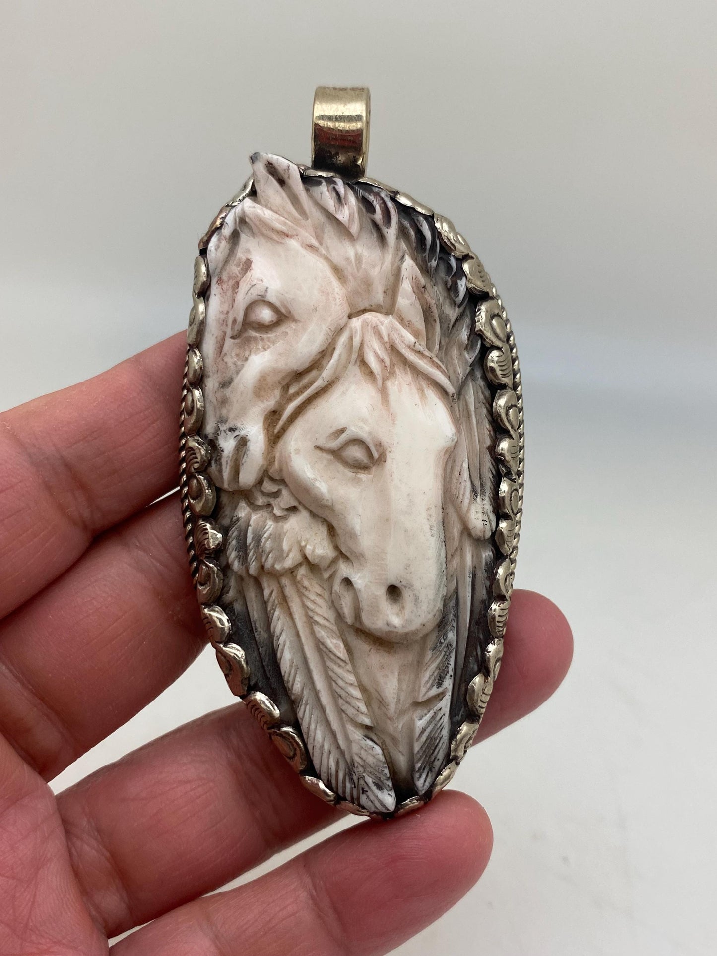 Horse pendant,bone carved two horse pendant,handcrafted,animal pendant,Tibetan silver, Nepalese,