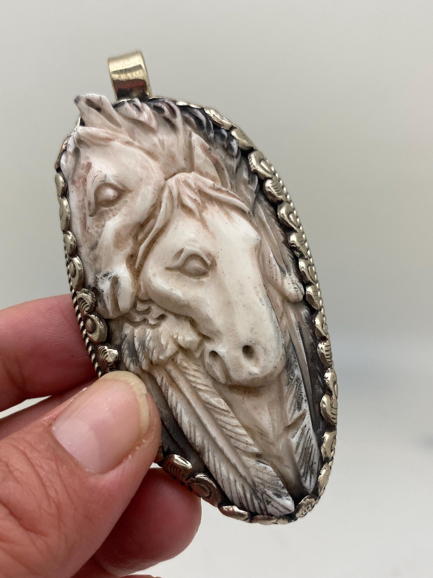 Horse pendant,bone carved two horse pendant,handcrafted,animal pendant,Tibetan silver, Nepalese,