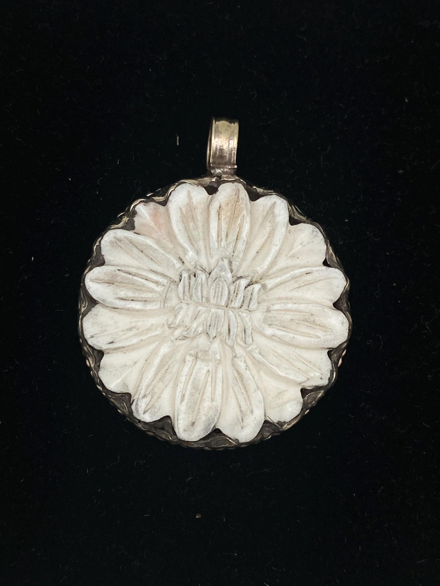 Bone Carved Lotus Pendant: Tibetan Silver Floral Design