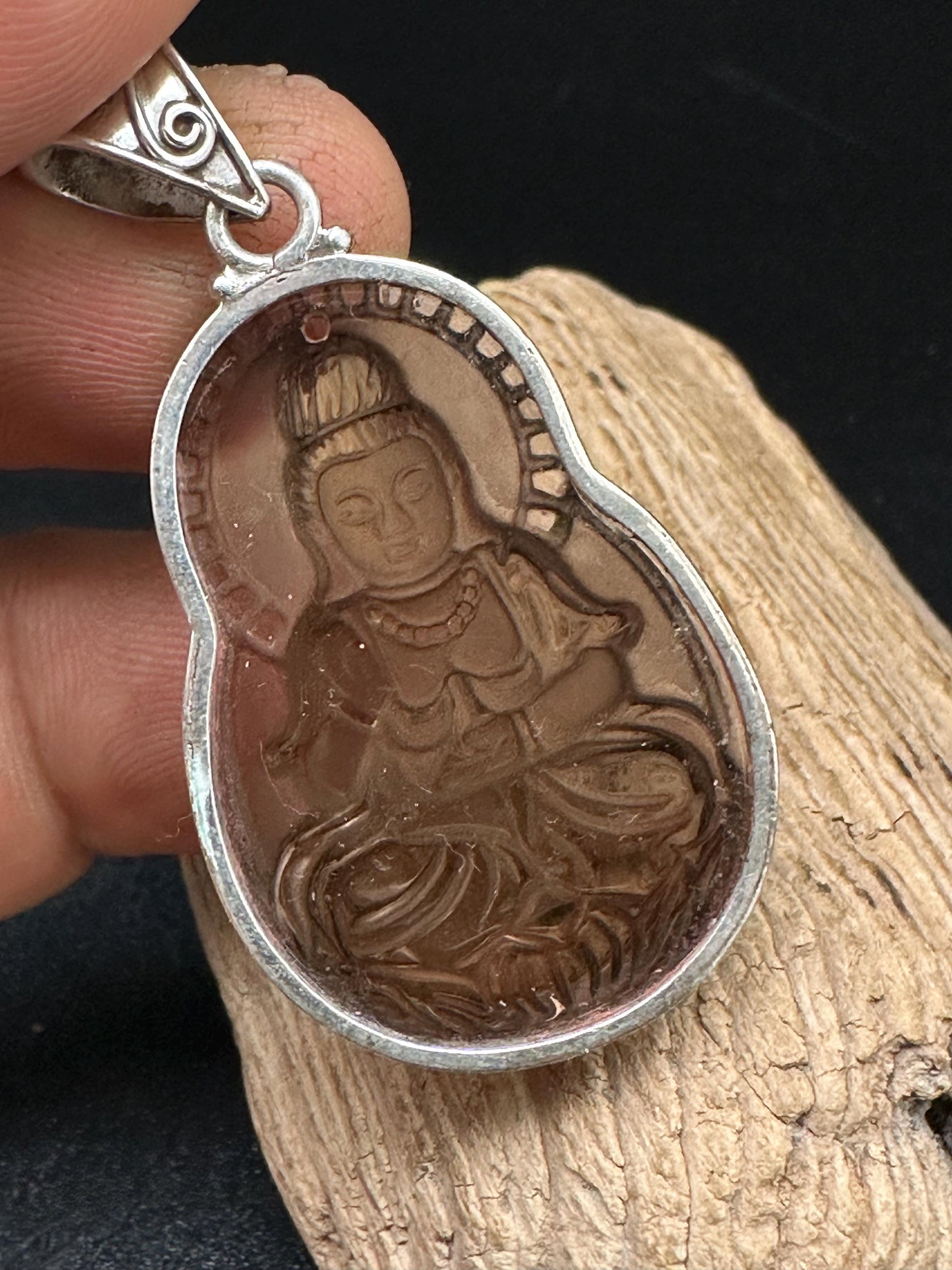 kwanyin,Quanyin, hand crafted smoky quartz crystal,sterling silver,Gwanyin Boddhisatva,god of compassion,Devine famine power,Himalayan