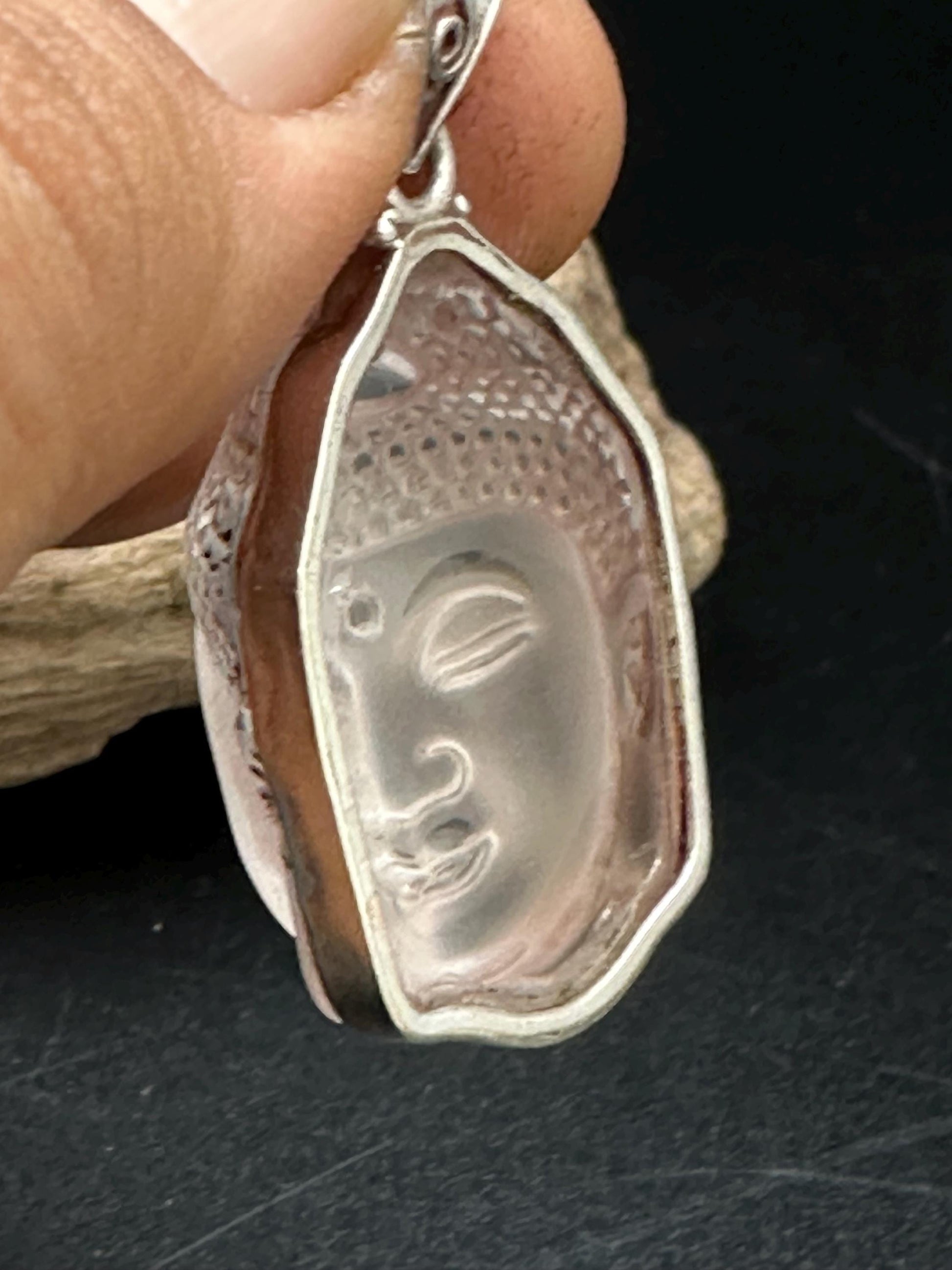 Quartz crystal carved Buddha pendant,handcrafted, sterling silver,Buddhist, spiritual,meditation,protection,amulet, Tibetan
