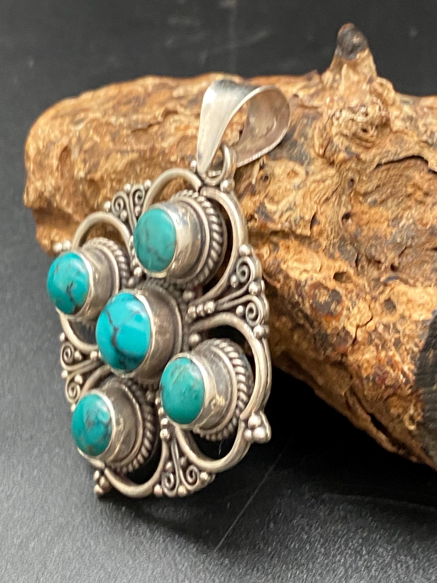 Turquoise pendant, sterling silver, handcrafted,floral design, Nepalese