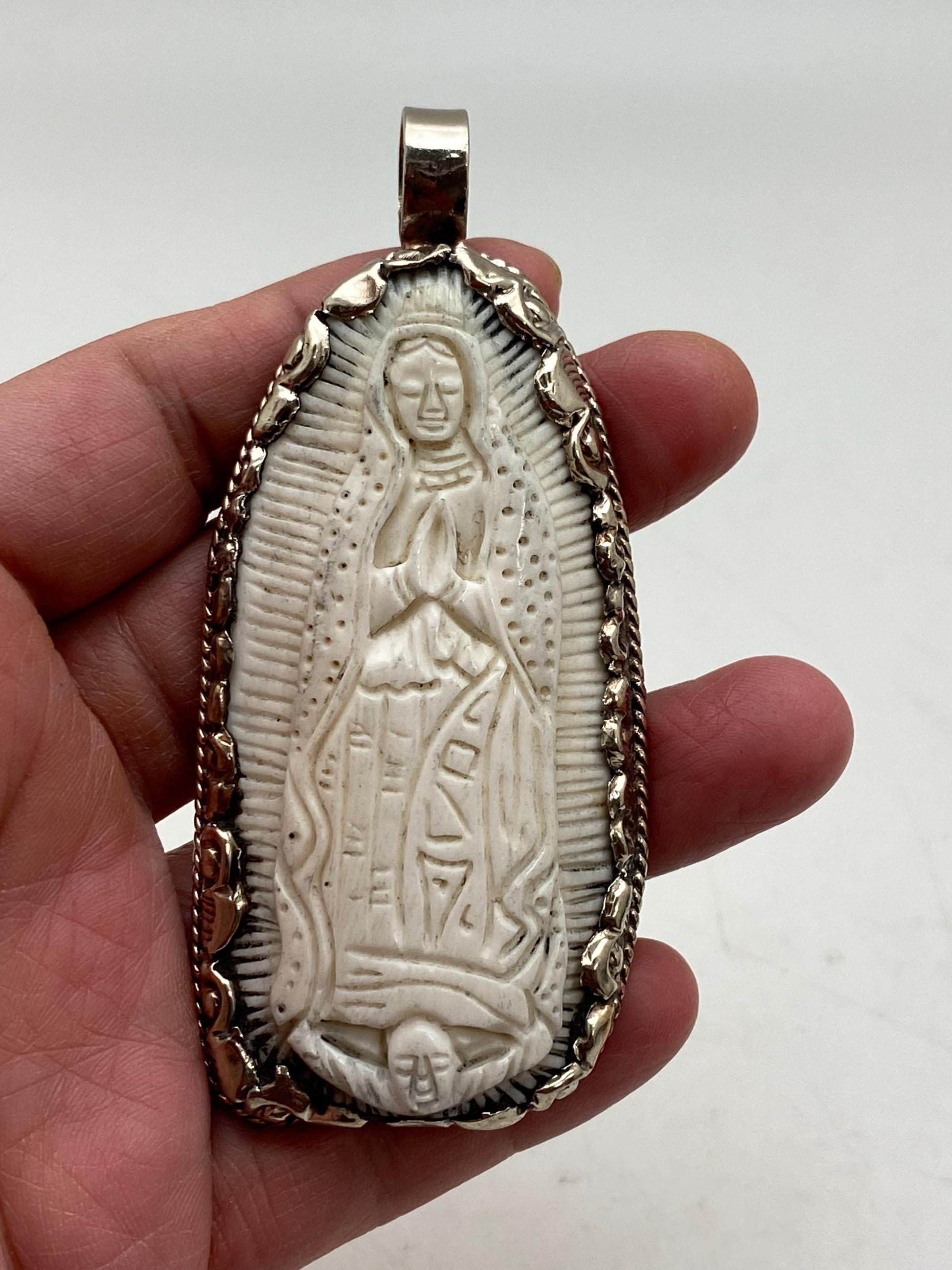 Mother Mary pendant, bone carved, handcrafted,Tibetan silver,Nepalese