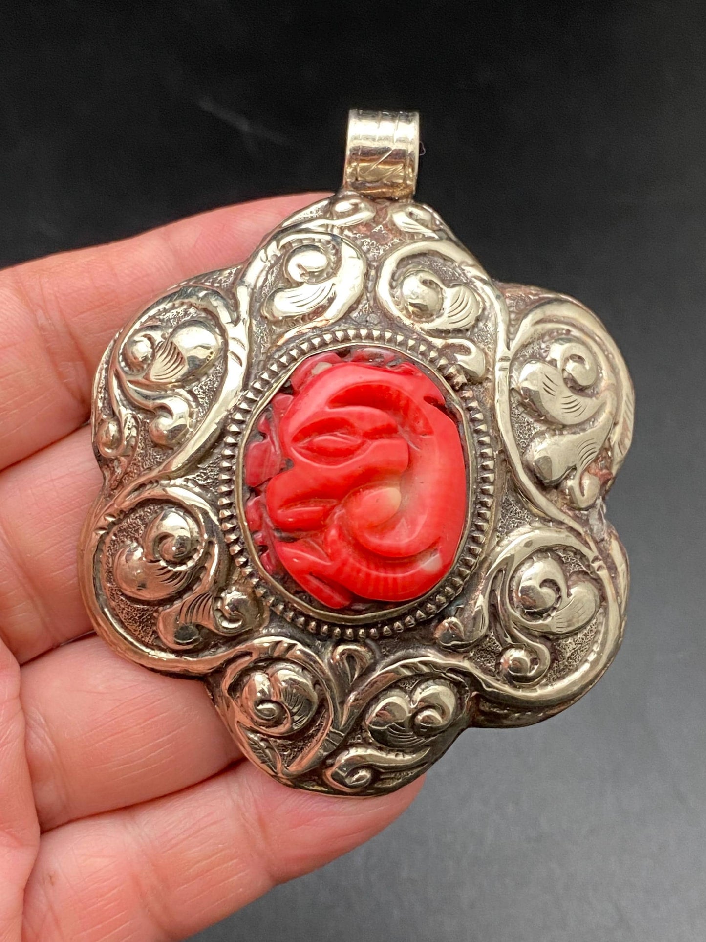 large flower pendant ,Bamboo coral, tibetan silver, handcrafted,ethnic design, tibetan design,Nepalese