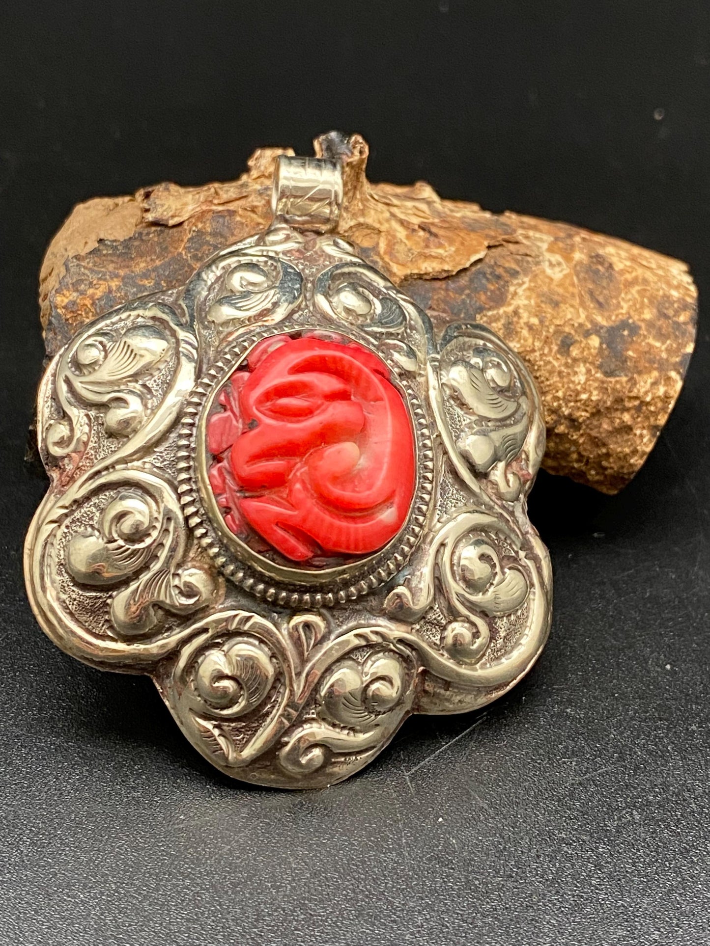 large flower pendant ,Bamboo coral, tibetan silver, handcrafted,ethnic design, tibetan design,Nepalese