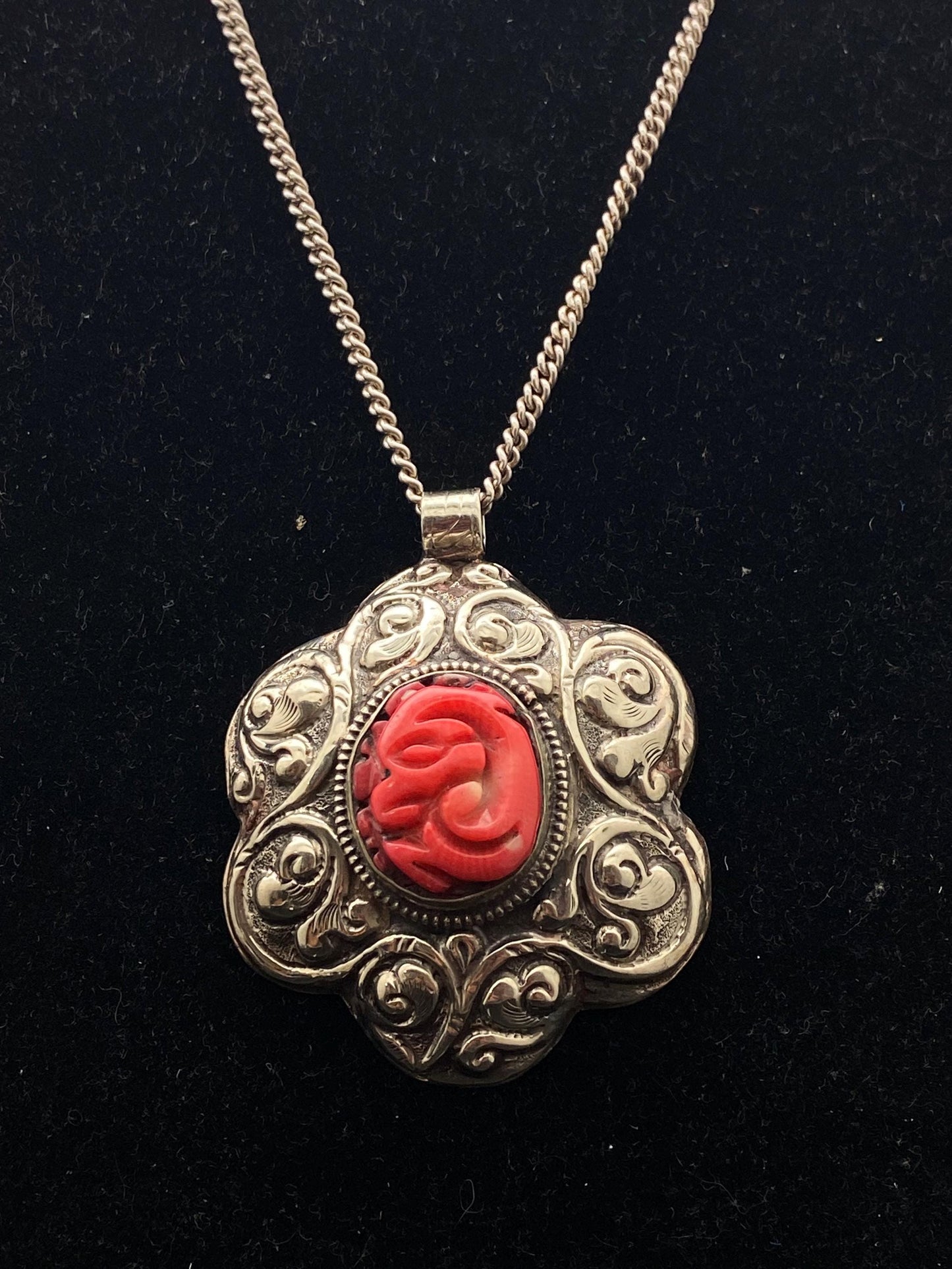 large flower pendant ,Bamboo coral, tibetan silver, handcrafted,ethnic design, tibetan design,Nepalese