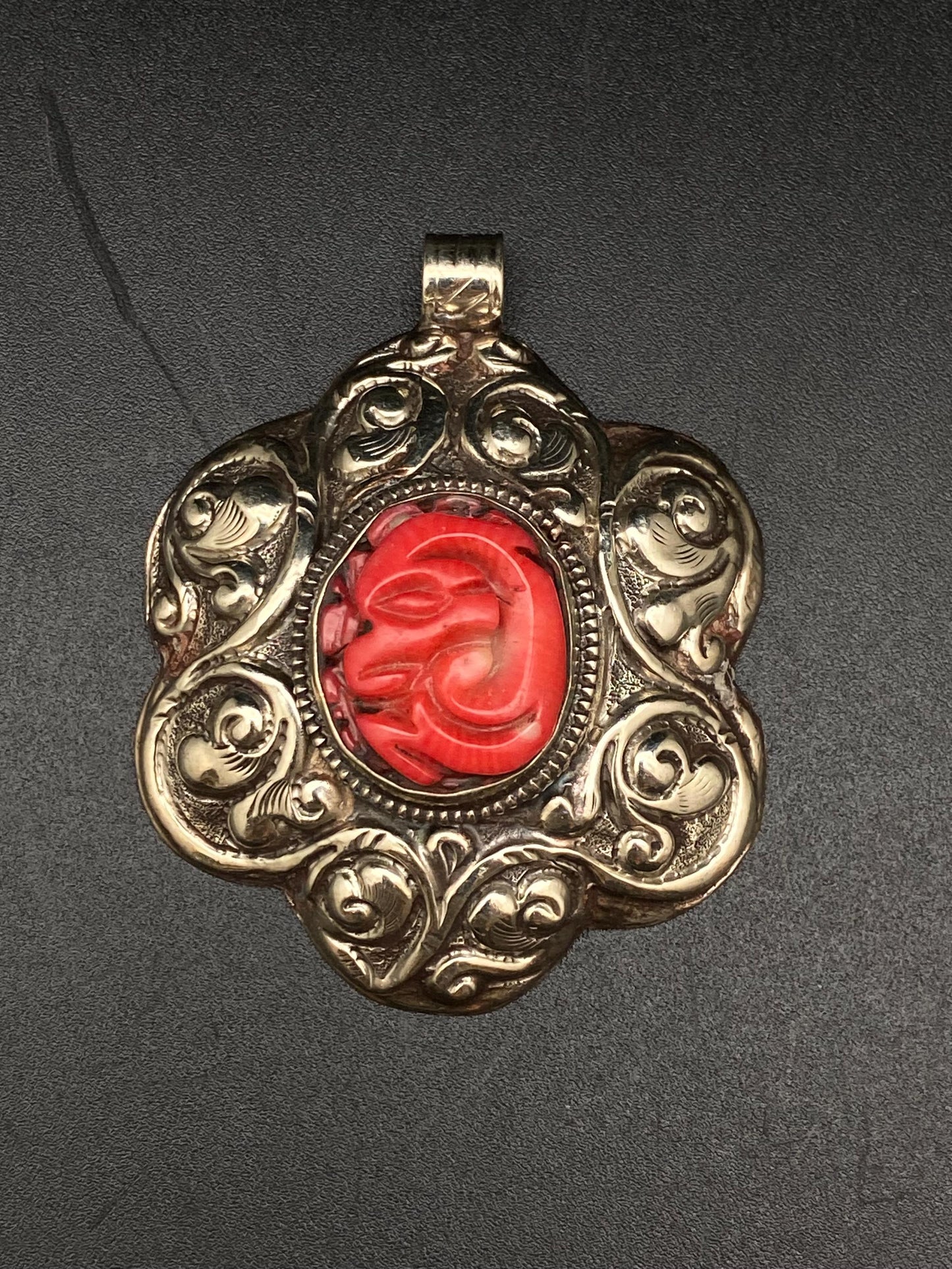 large flower pendant ,Bamboo coral, tibetan silver, handcrafted,ethnic design, tibetan design,Nepalese