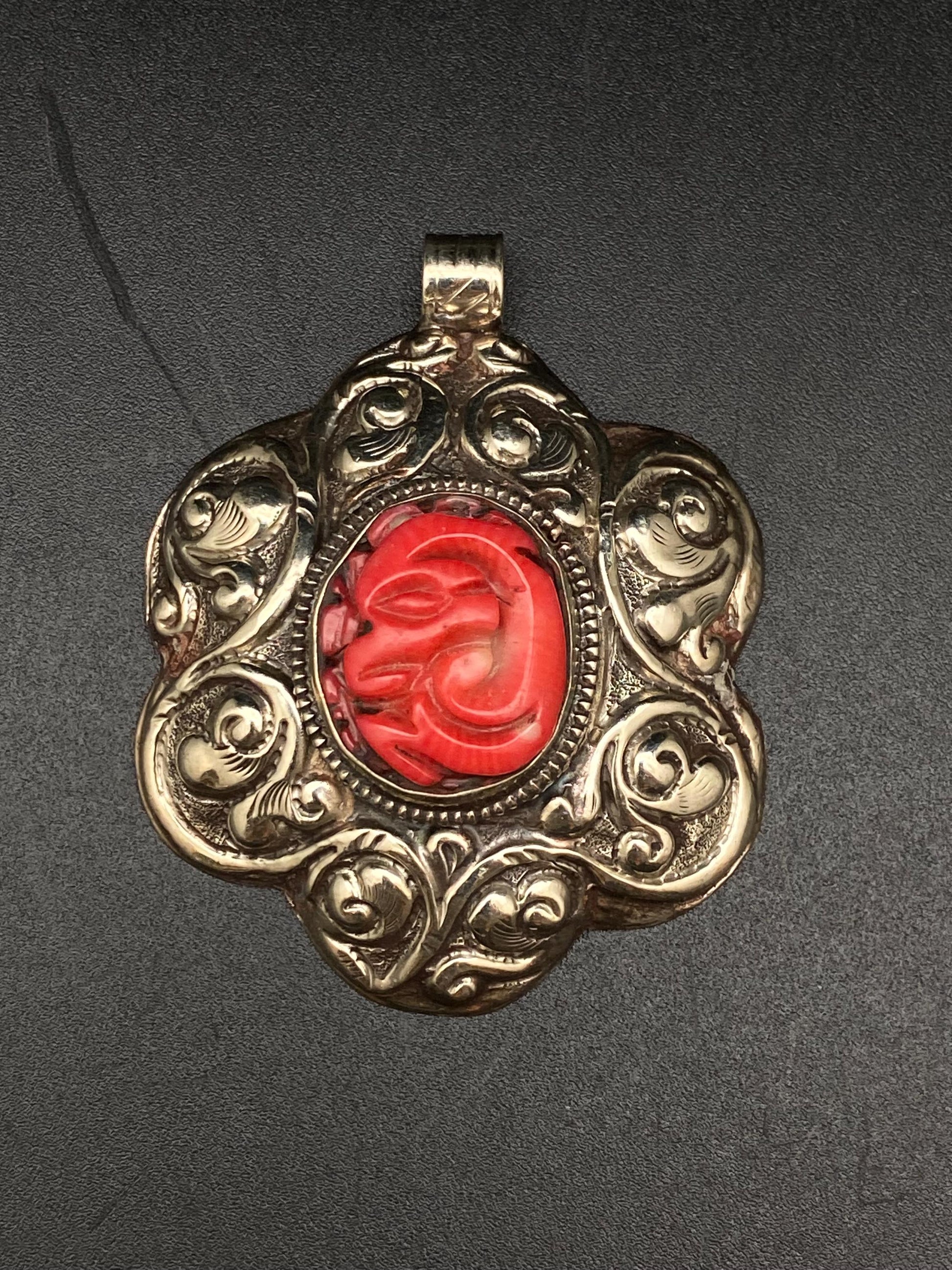 large flower pendant ,Bamboo coral, tibetan silver, handcrafted,ethnic design, tibetan design,Nepalese