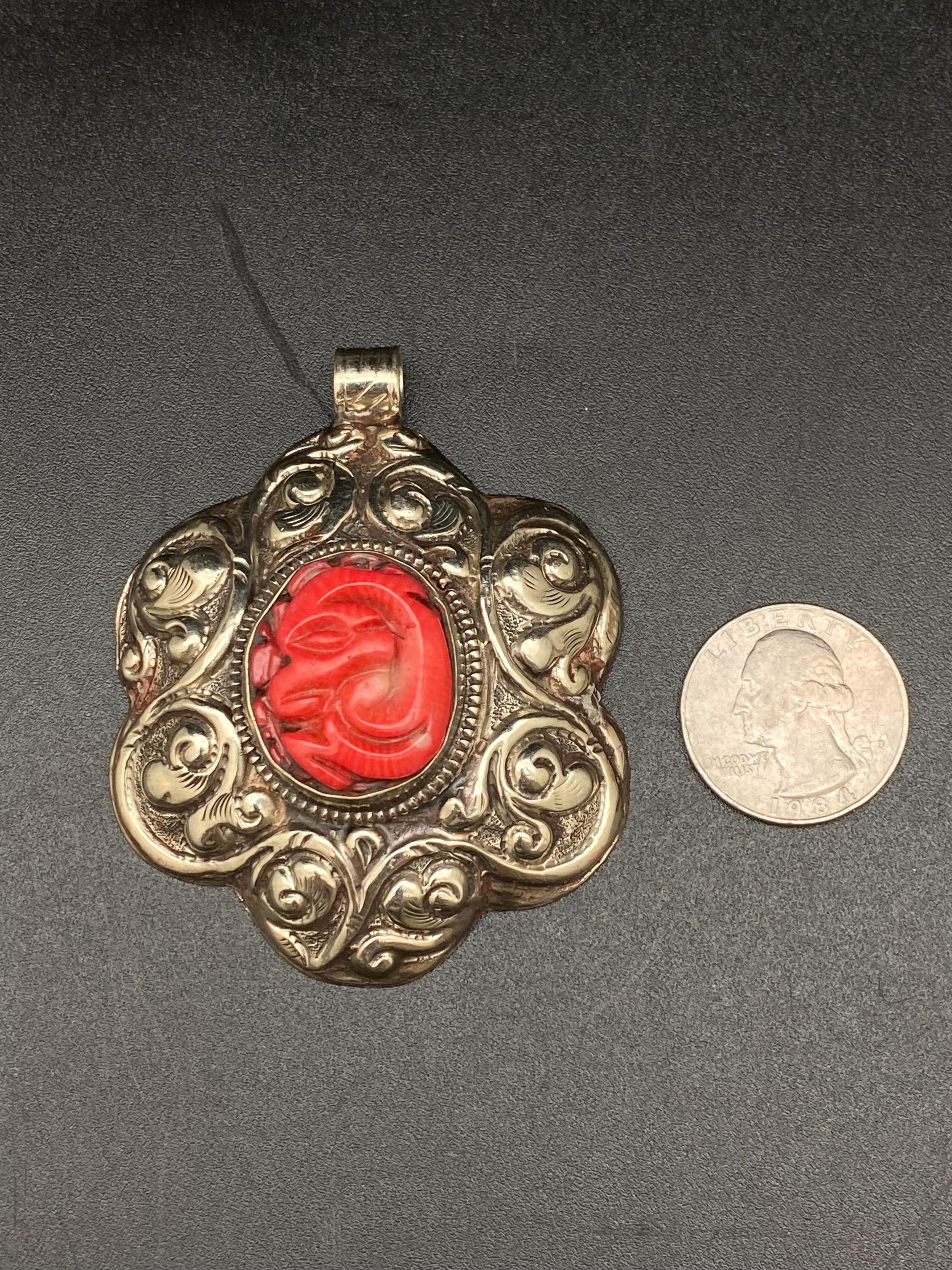 large flower pendant ,Bamboo coral, tibetan silver, handcrafted,ethnic design, tibetan design,Nepalese