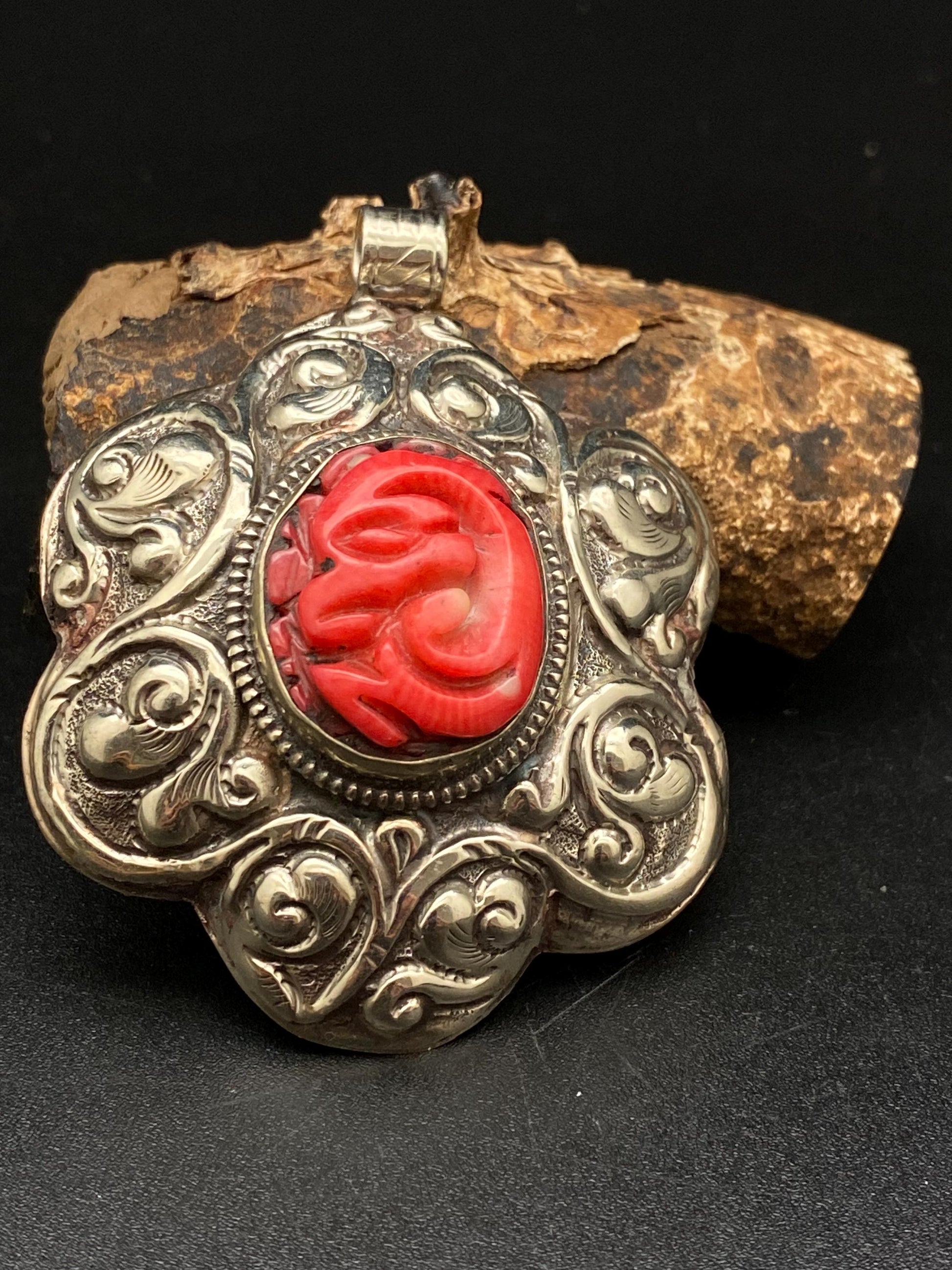 large flower pendant ,Bamboo coral, tibetan silver, handcrafted,ethnic design, tibetan design,Nepalese