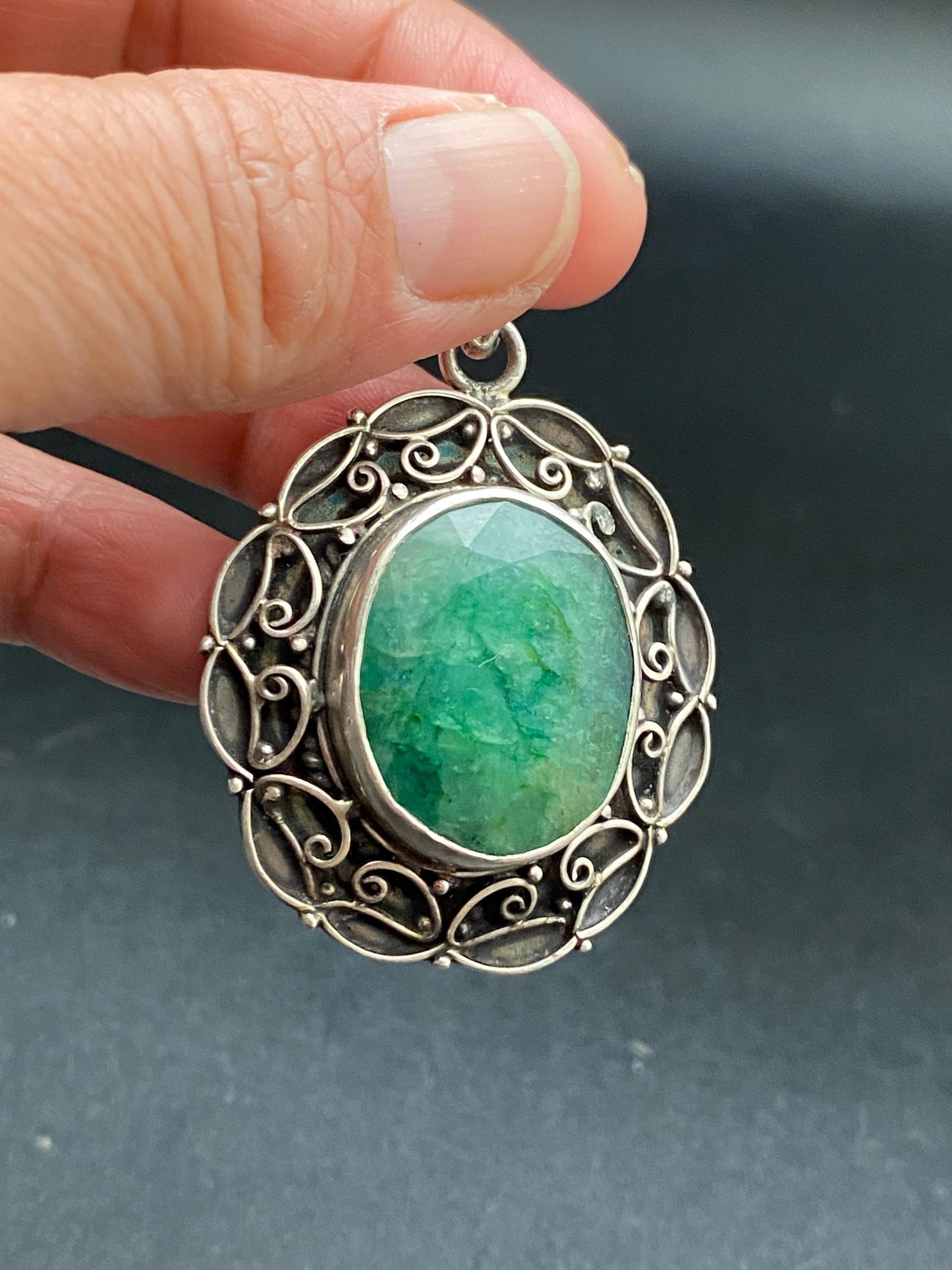 emerald pendant, sterling silver, handcrafted,ethnic design,nepalese,natural stone