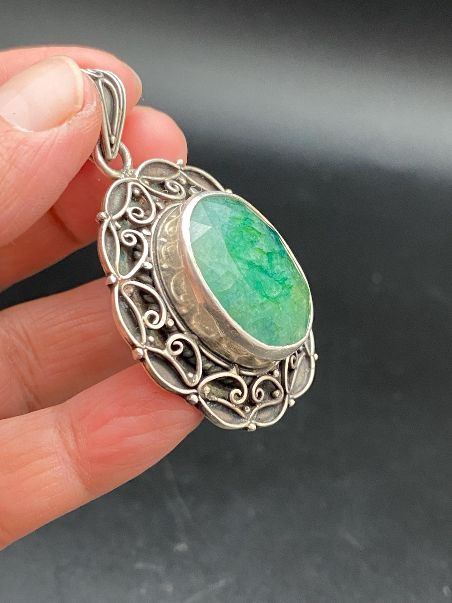 emerald pendant, sterling silver, handcrafted,ethnic design,nepalese,natural stone