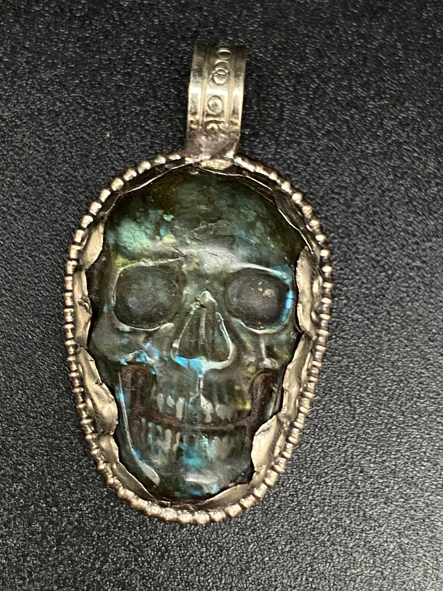 labradorite carved skull pendant, handcrafted,Tibetan silver,Tibetan design,Nepalese