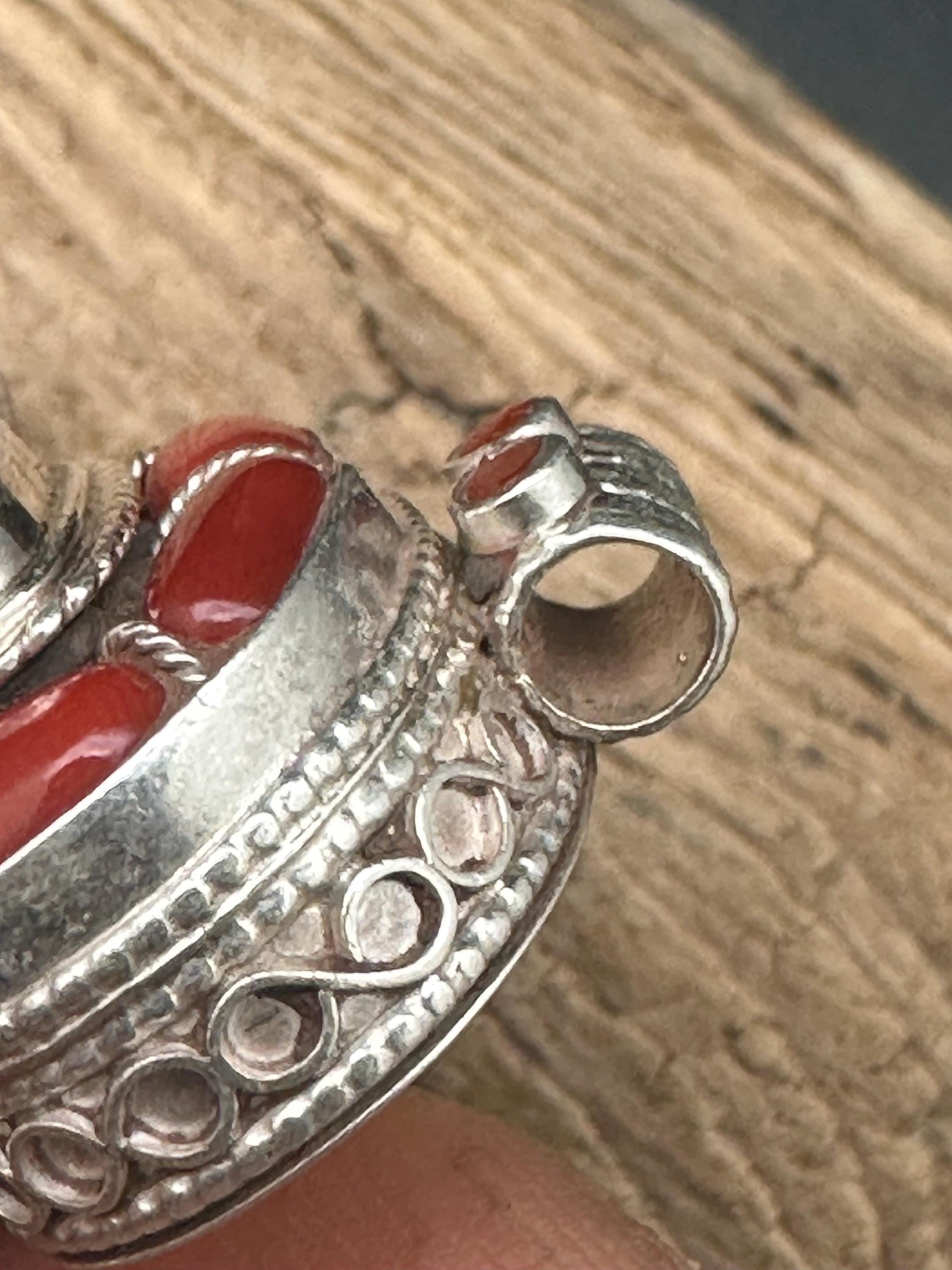 Tibetan Amulet: Sterling Silver Pendant with Natural Red Coral
