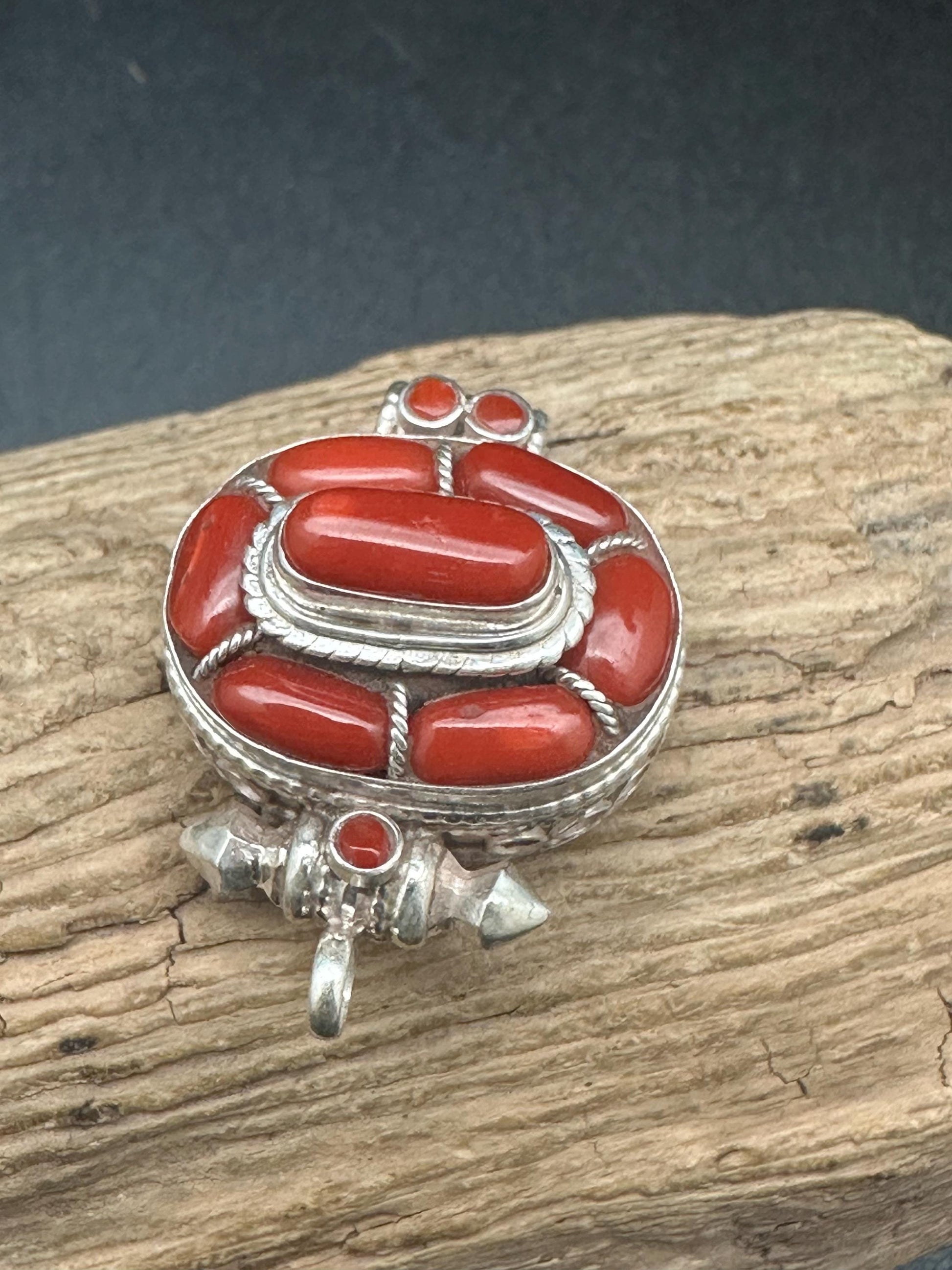 Tibetan Amulet: Sterling Silver Pendant with Natural Red Coral
