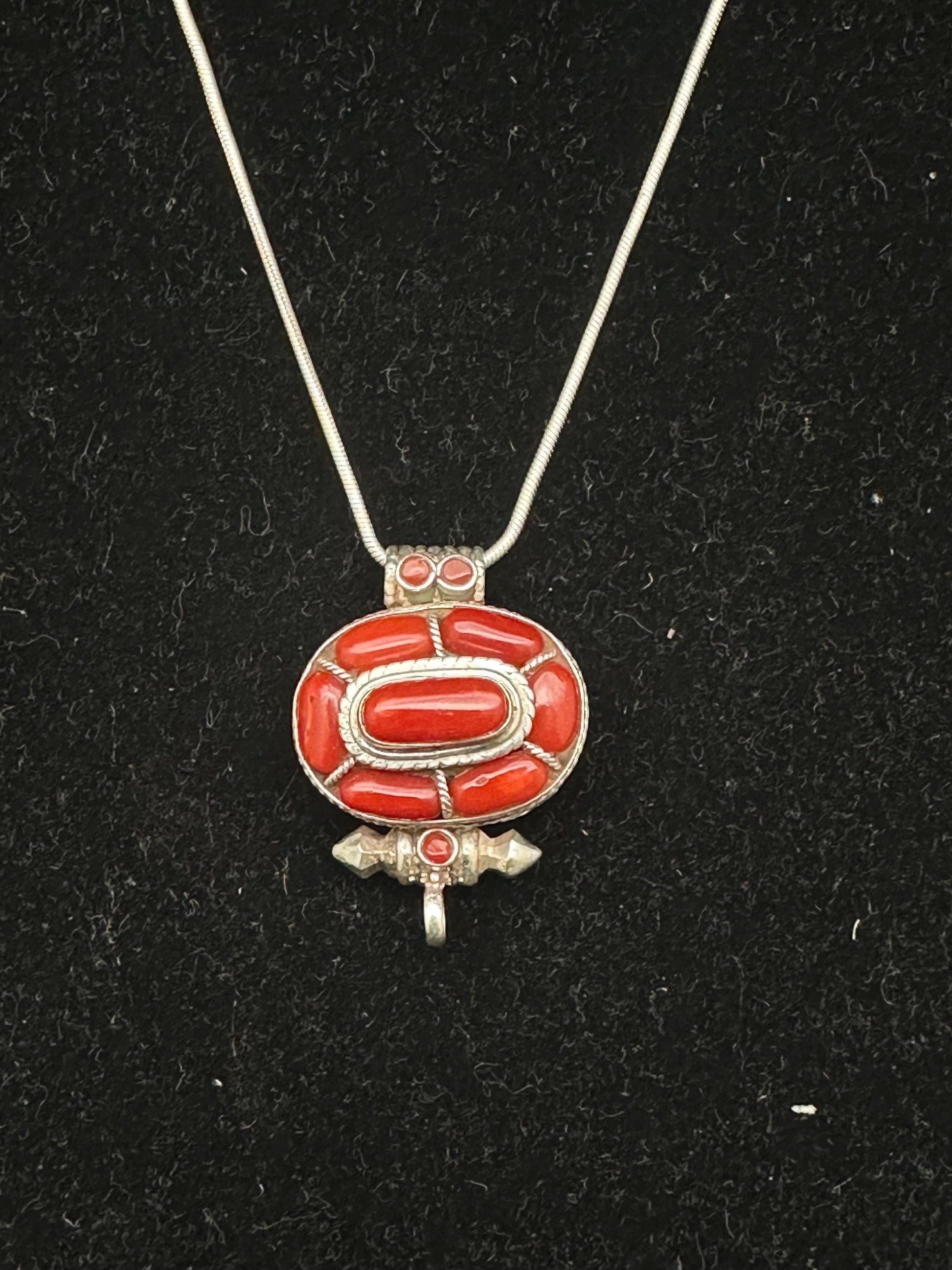 Tibetan Amulet: Sterling Silver Pendant with Natural Red Coral