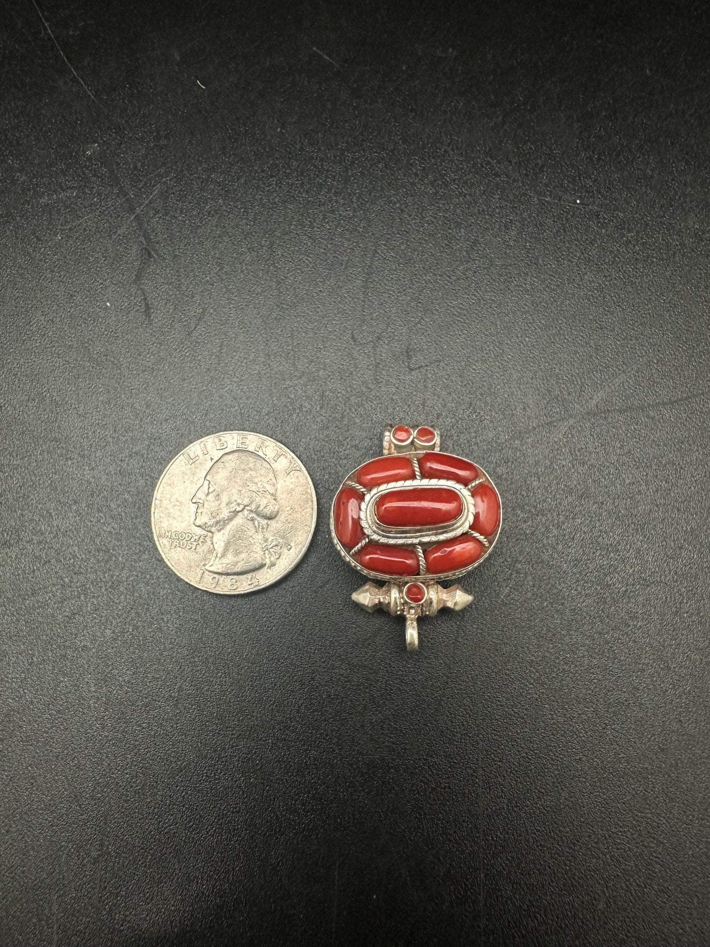 Tibetan Amulet: Sterling Silver Pendant with Natural Red Coral