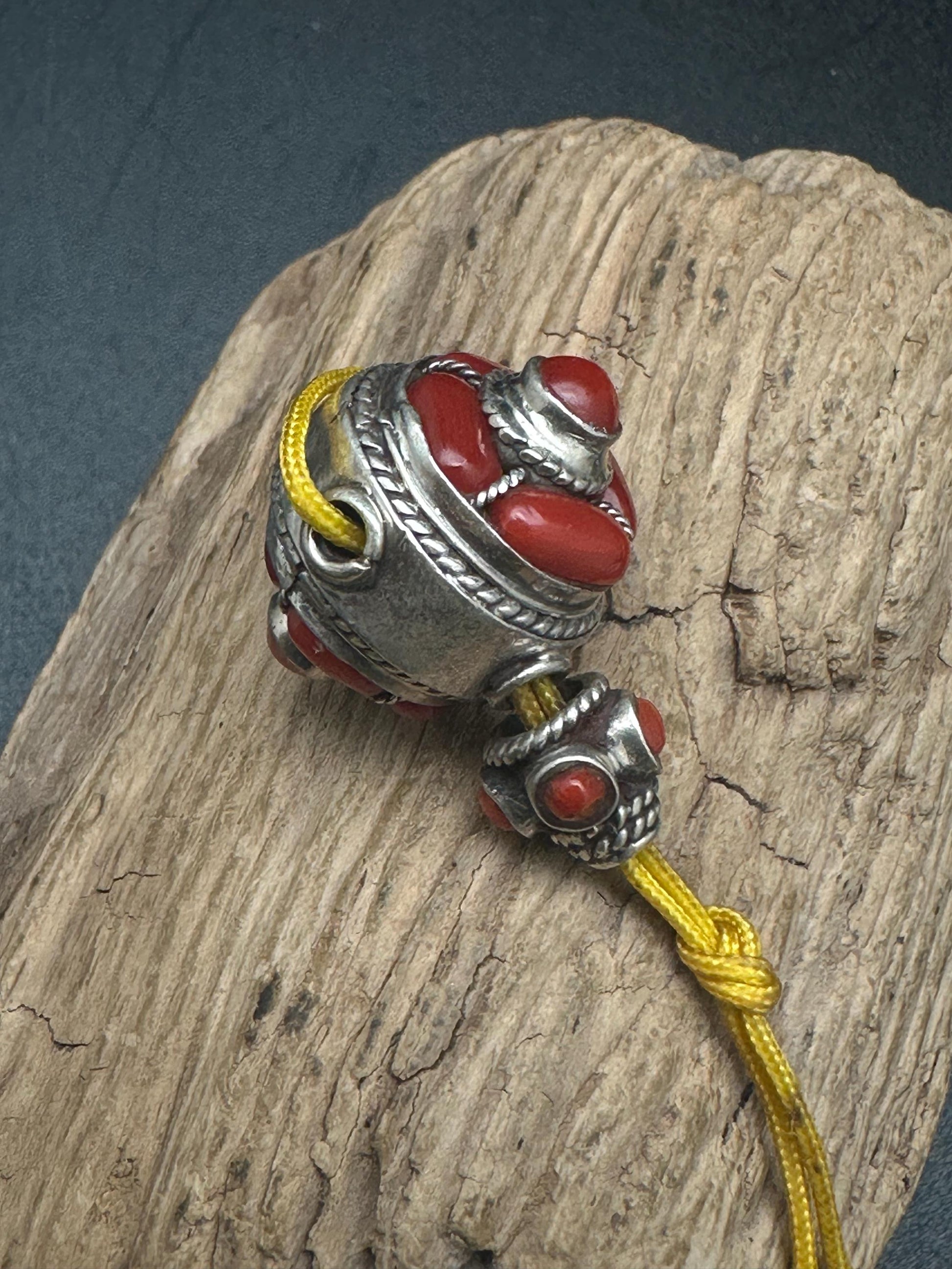 Sterling Silver Guru Bead: Red Coral Tibetan Buddhist Rosary