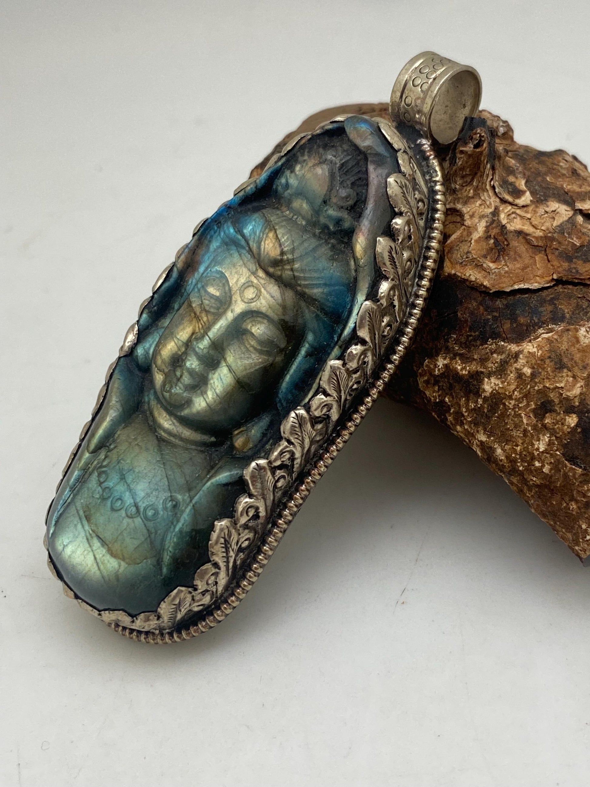 Large Labradorite carved Shiva pendant,handcrafted,Tibetan silver,Nepalese