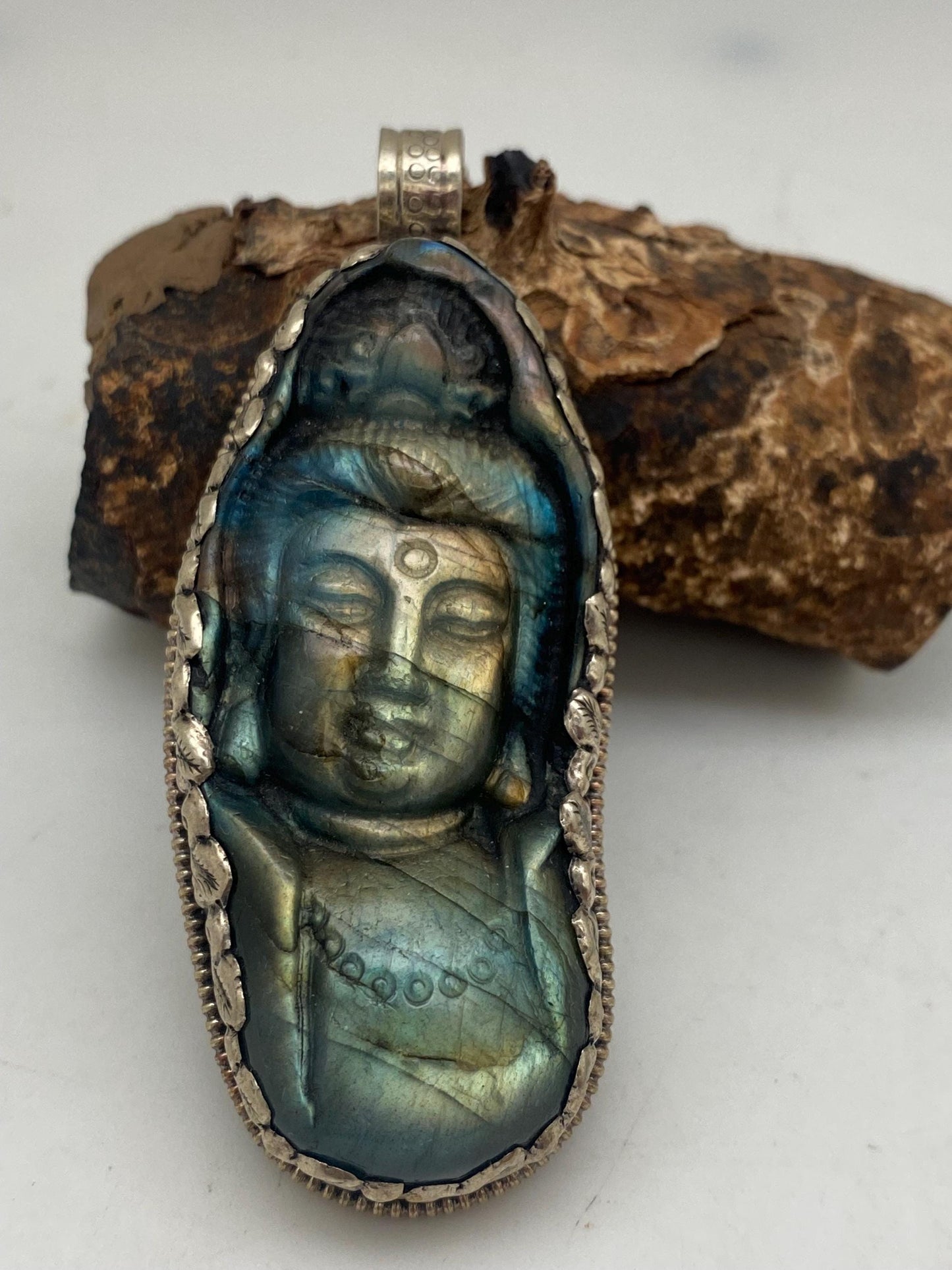 Large Labradorite carved Shiva pendant,handcrafted,Tibetan silver,Nepalese