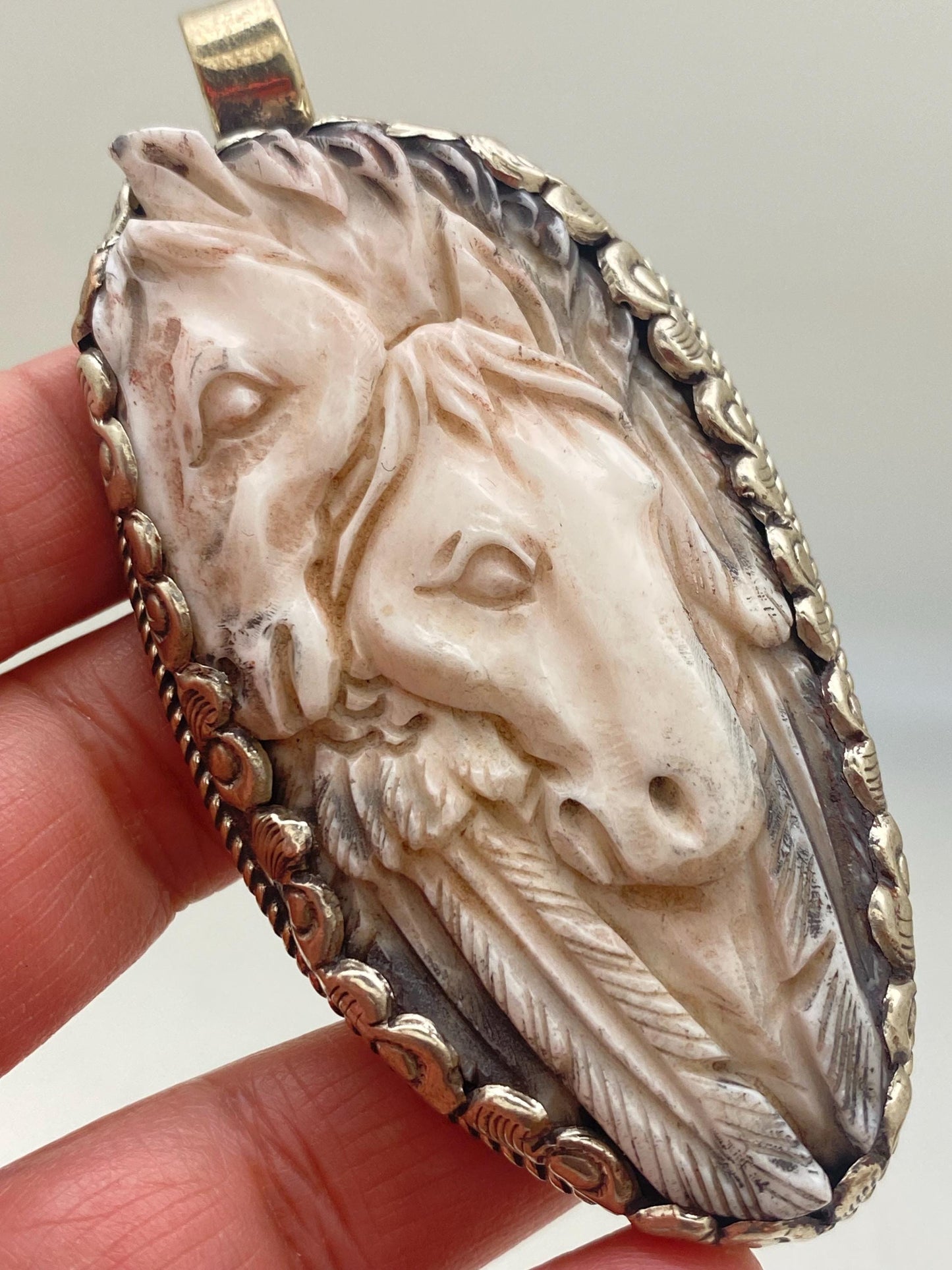 Horse pendant,bone carved two horse pendant,handcrafted,animal pendant,Tibetan silver, Nepalese,