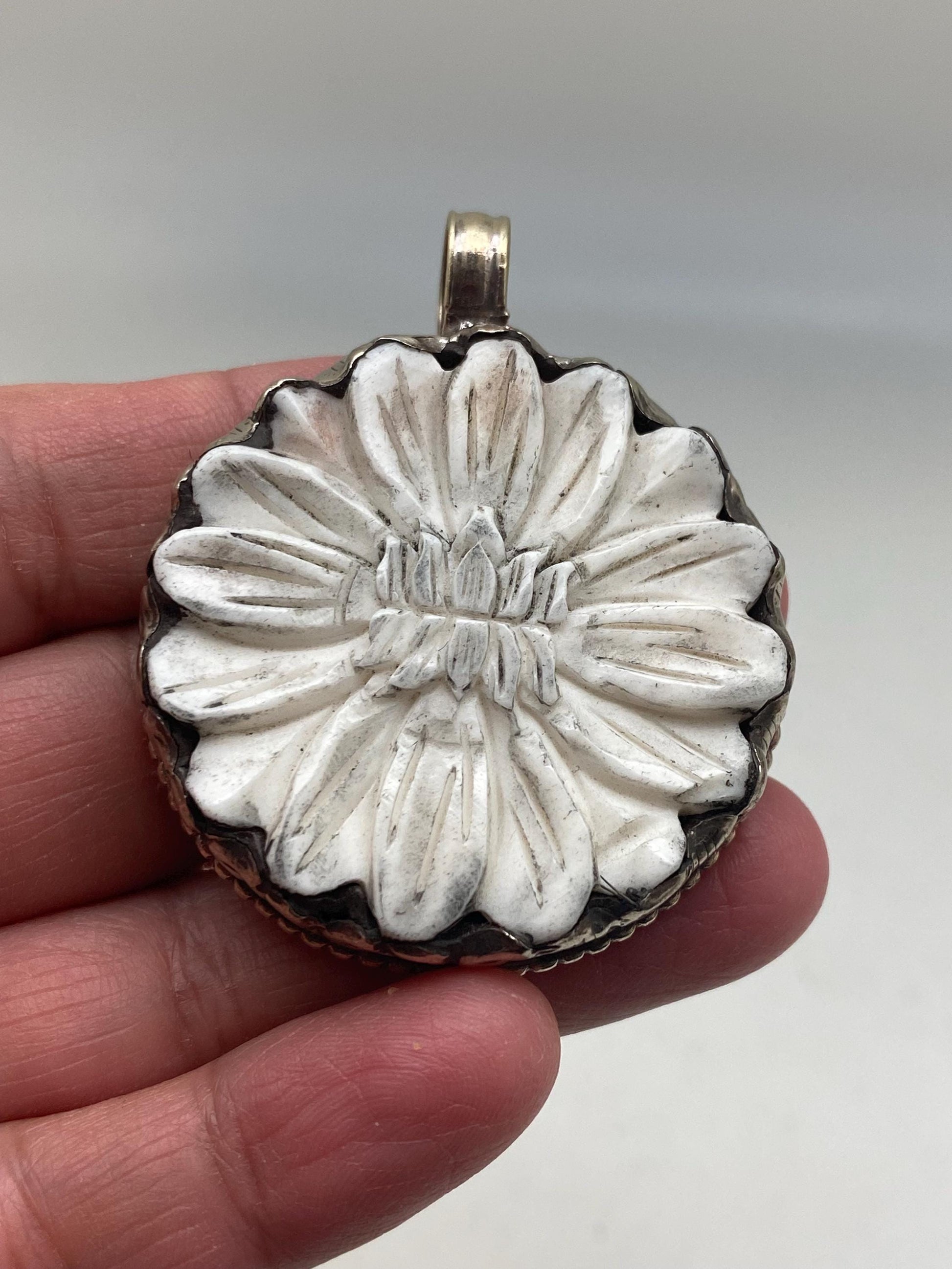 Bone Carved Lotus Pendant: Tibetan Silver Floral Design