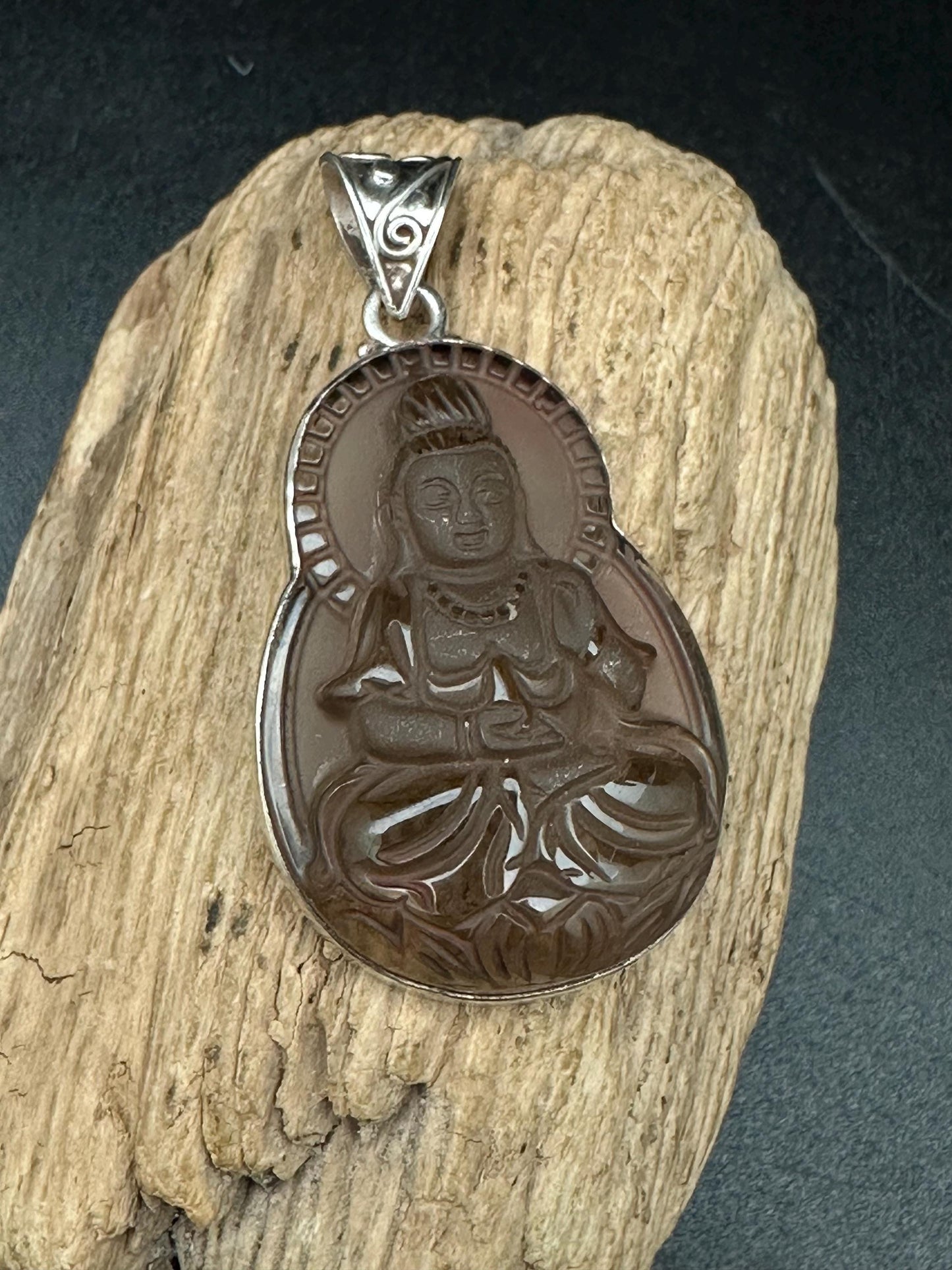 kwanyin,Quanyin, hand crafted smoky quartz crystal,sterling silver,Gwanyin Boddhisatva,god of compassion,Devine famine power,Himalayan