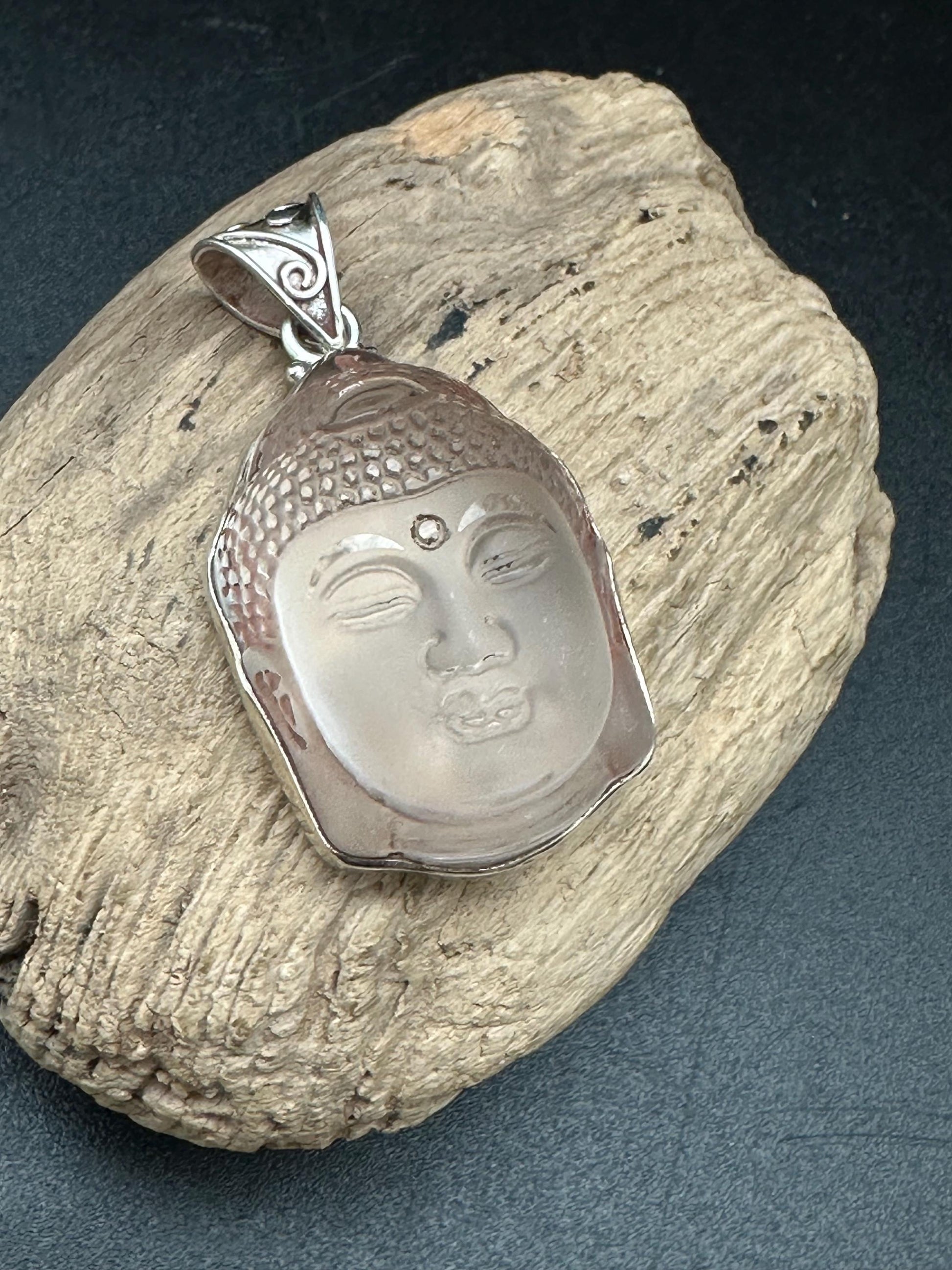 Quartz crystal carved Buddha pendant,handcrafted, sterling silver,Buddhist, spiritual,meditation,protection,amulet, Tibetan