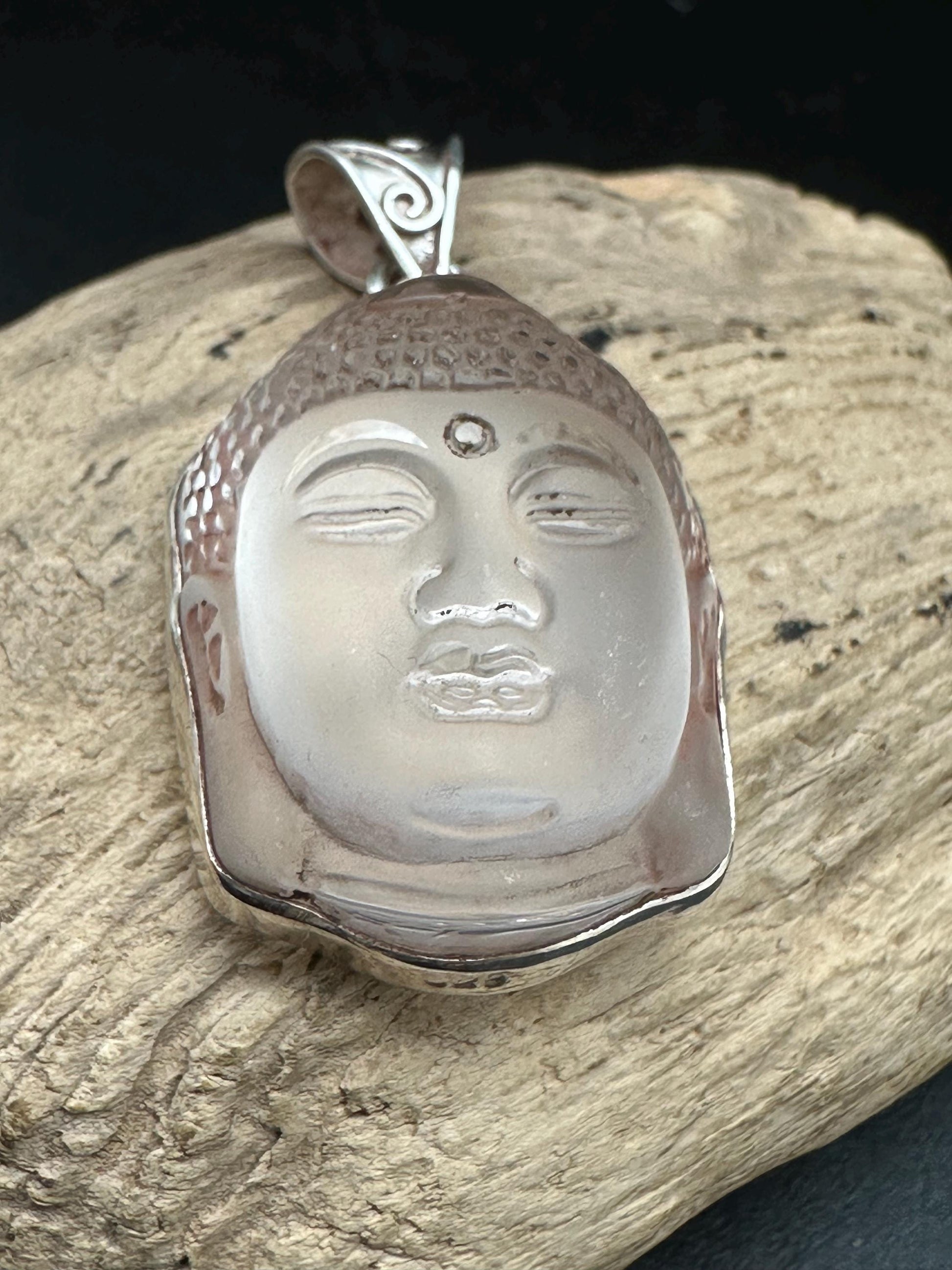 Quartz crystal carved Buddha pendant,handcrafted, sterling silver,Buddhist, spiritual,meditation,protection,amulet, Tibetan