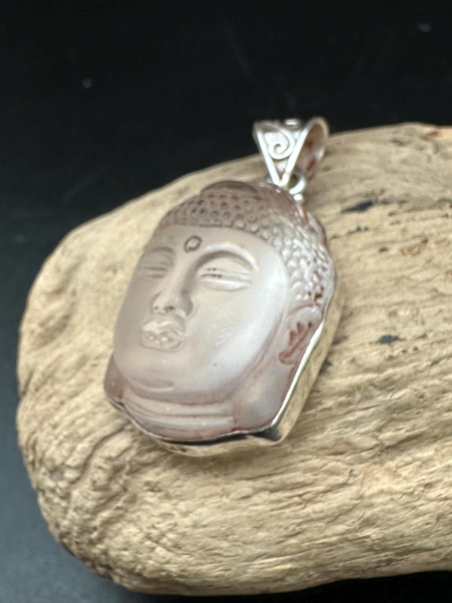 Quartz crystal carved Buddha pendant,handcrafted, sterling silver,Buddhist, spiritual,meditation,protection,amulet, Tibetan