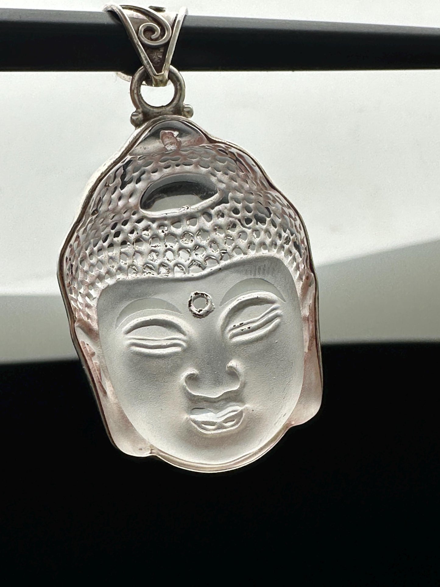 Quartz crystal carved Buddha pendant,handcrafted, sterling silver,Buddhist, spiritual,meditation,protection,amulet, Tibetan