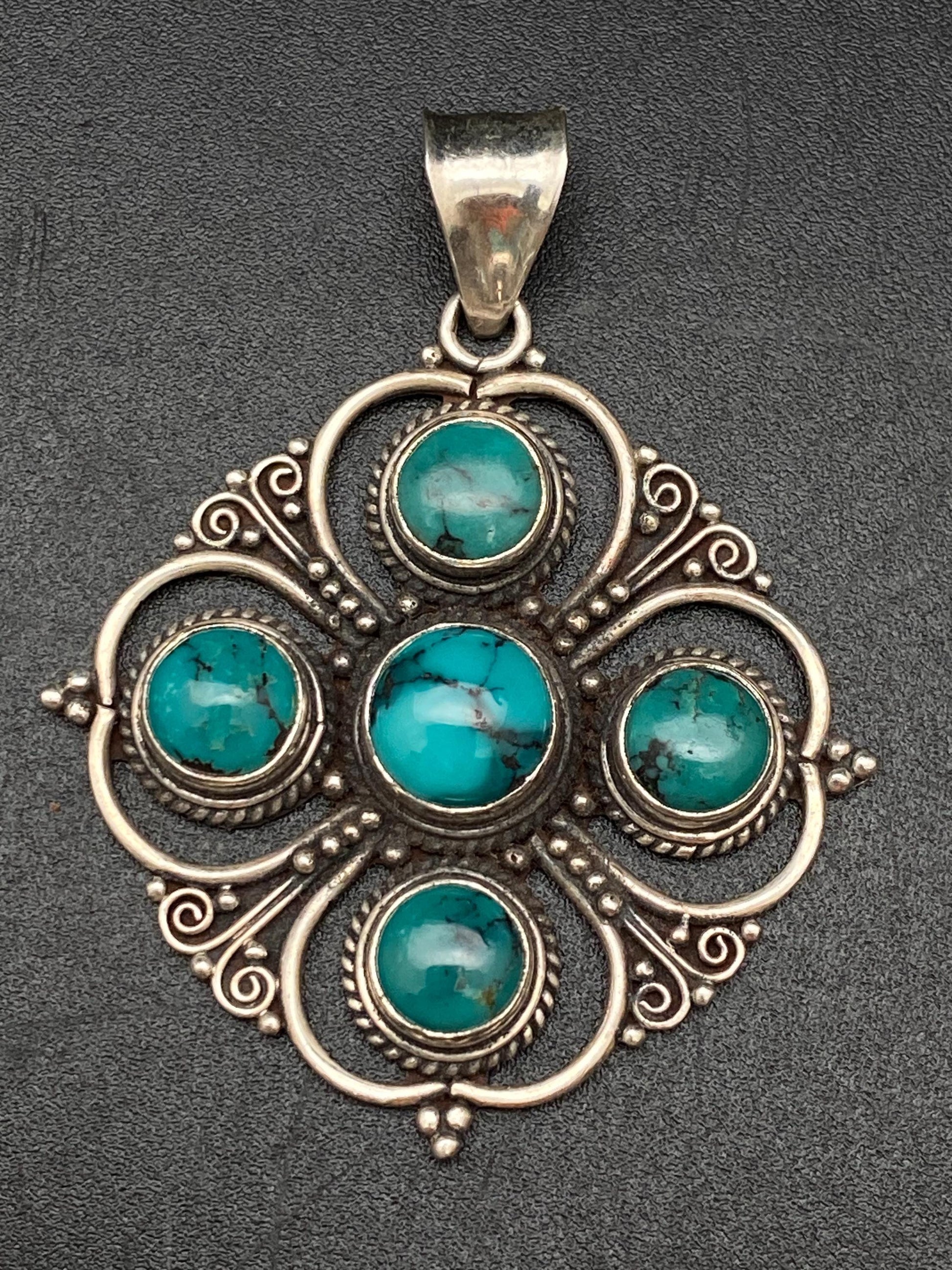 Turquoise pendant, sterling silver, handcrafted,floral design, Nepalese
