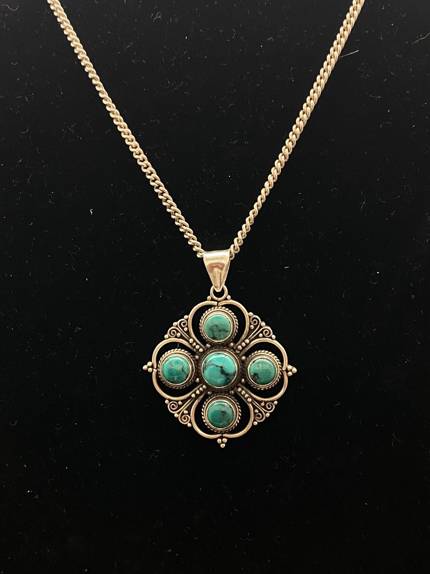 Turquoise pendant, sterling silver, handcrafted,floral design, Nepalese