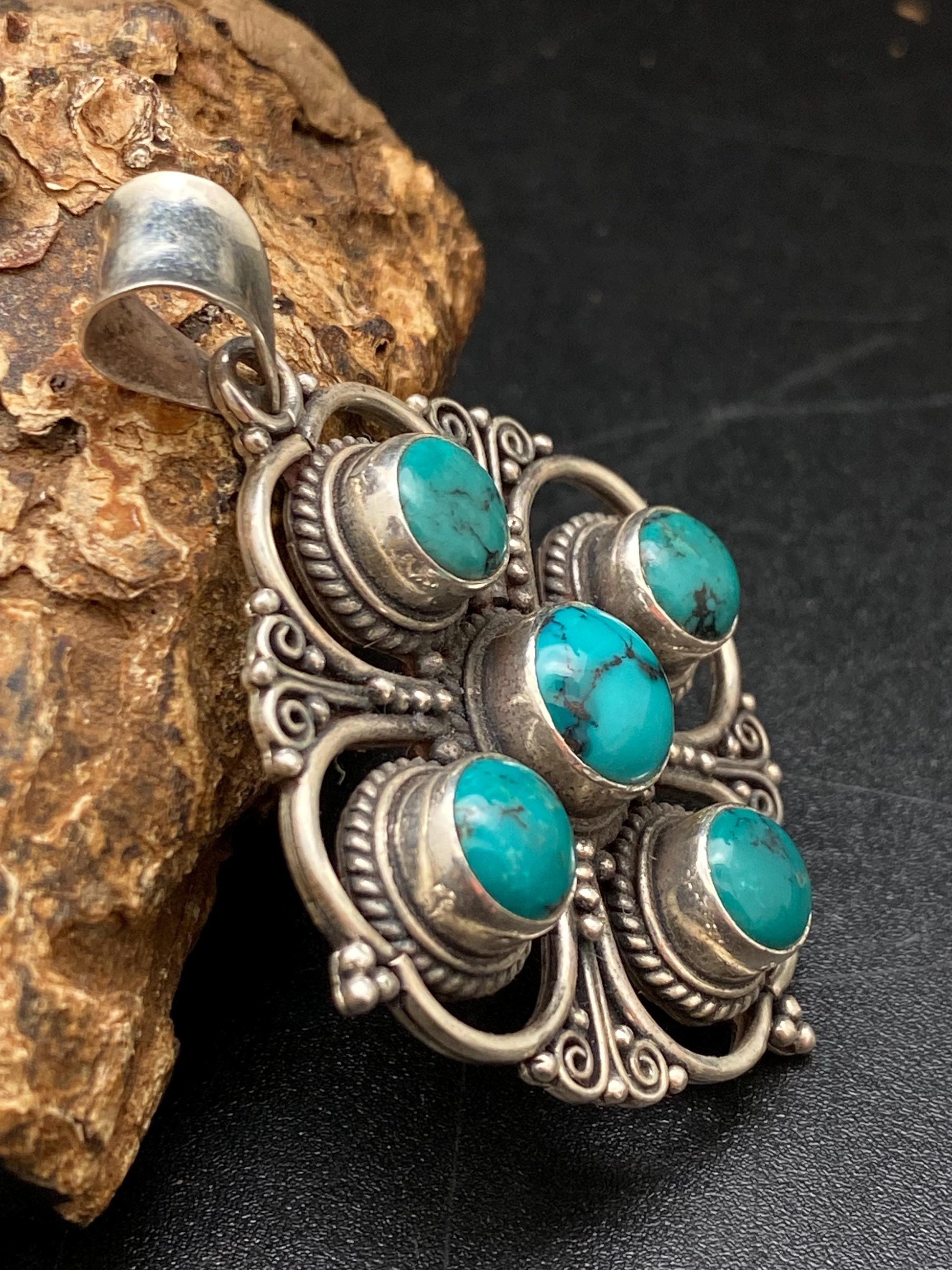 Turquoise pendant, sterling silver, handcrafted,floral design, Nepalese