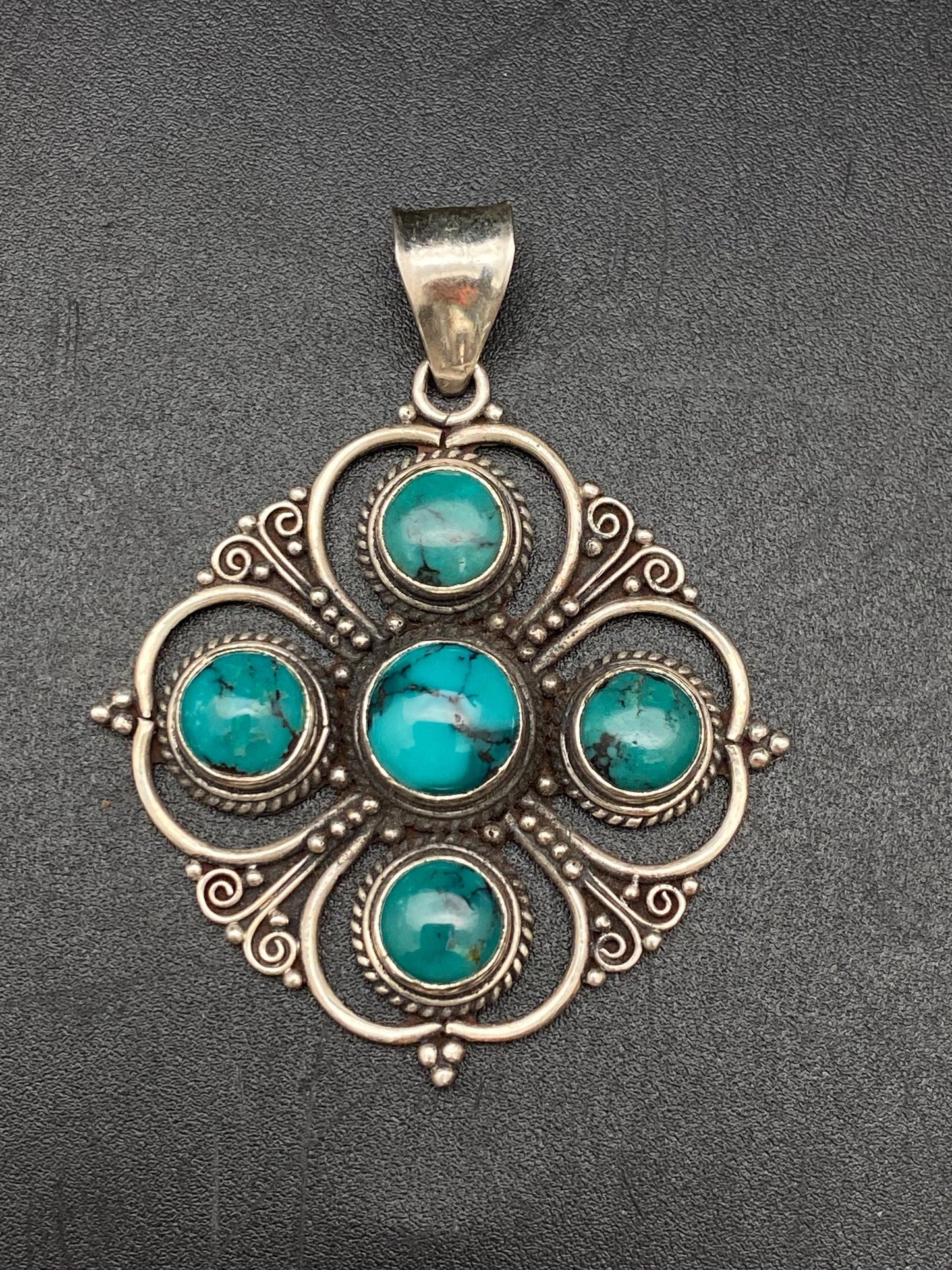 Turquoise pendant, sterling silver, handcrafted,floral design, Nepalese
