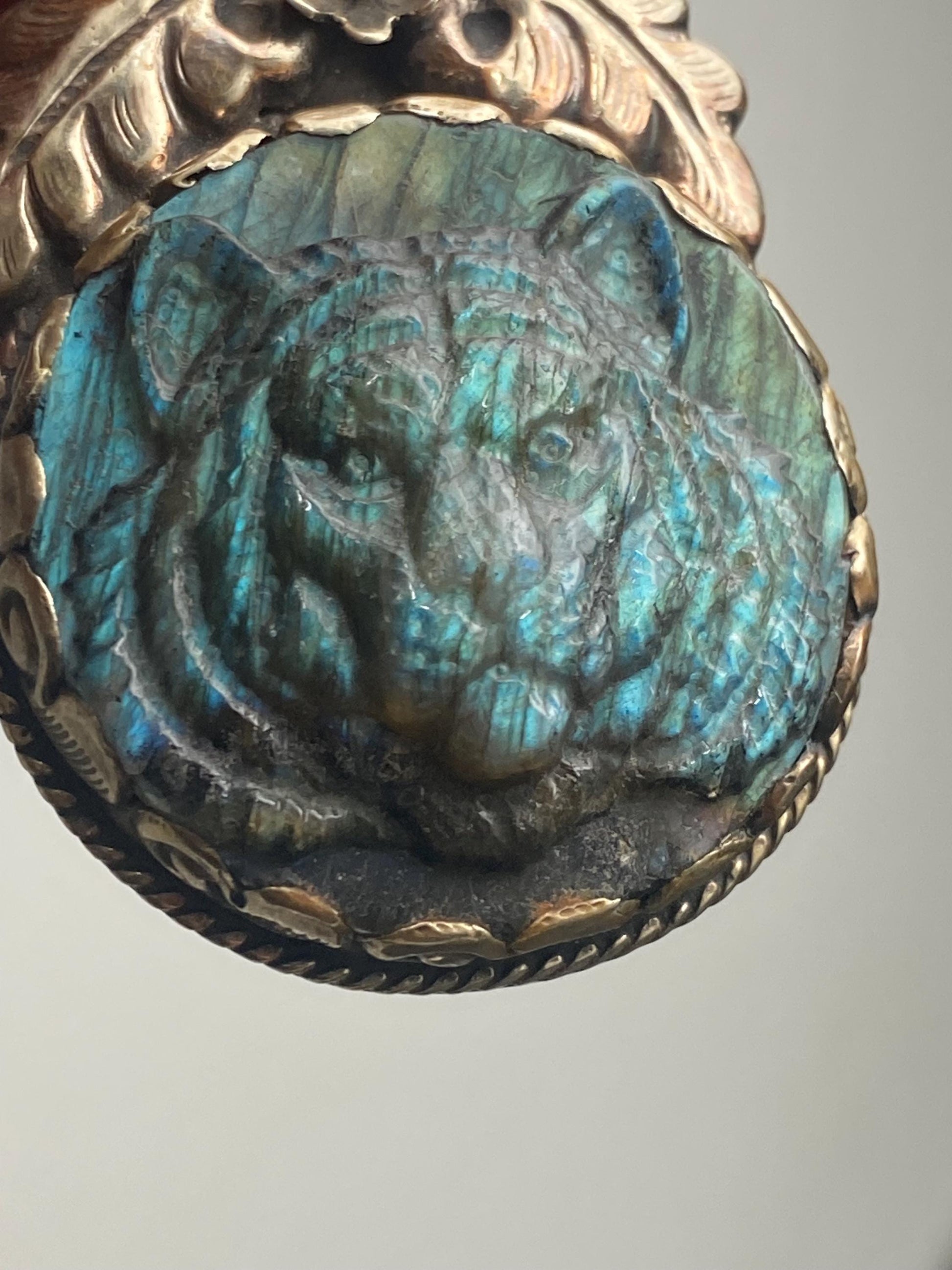 labradorite carved Tiger pendant, handcrafted,Tibetan silver, ethnic style,Nepalese, animal lover pendant